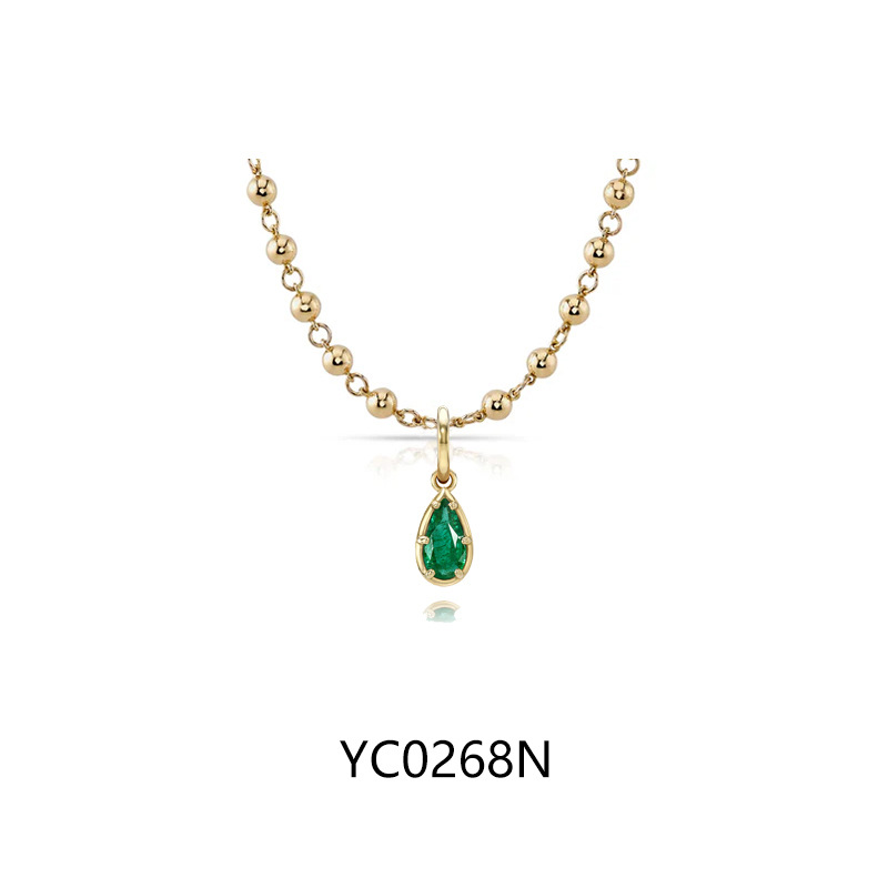 18K gold plated + 7×11mm pear-shaped cultured Zambian emerald · S925 silver / with chain (40+5cm)