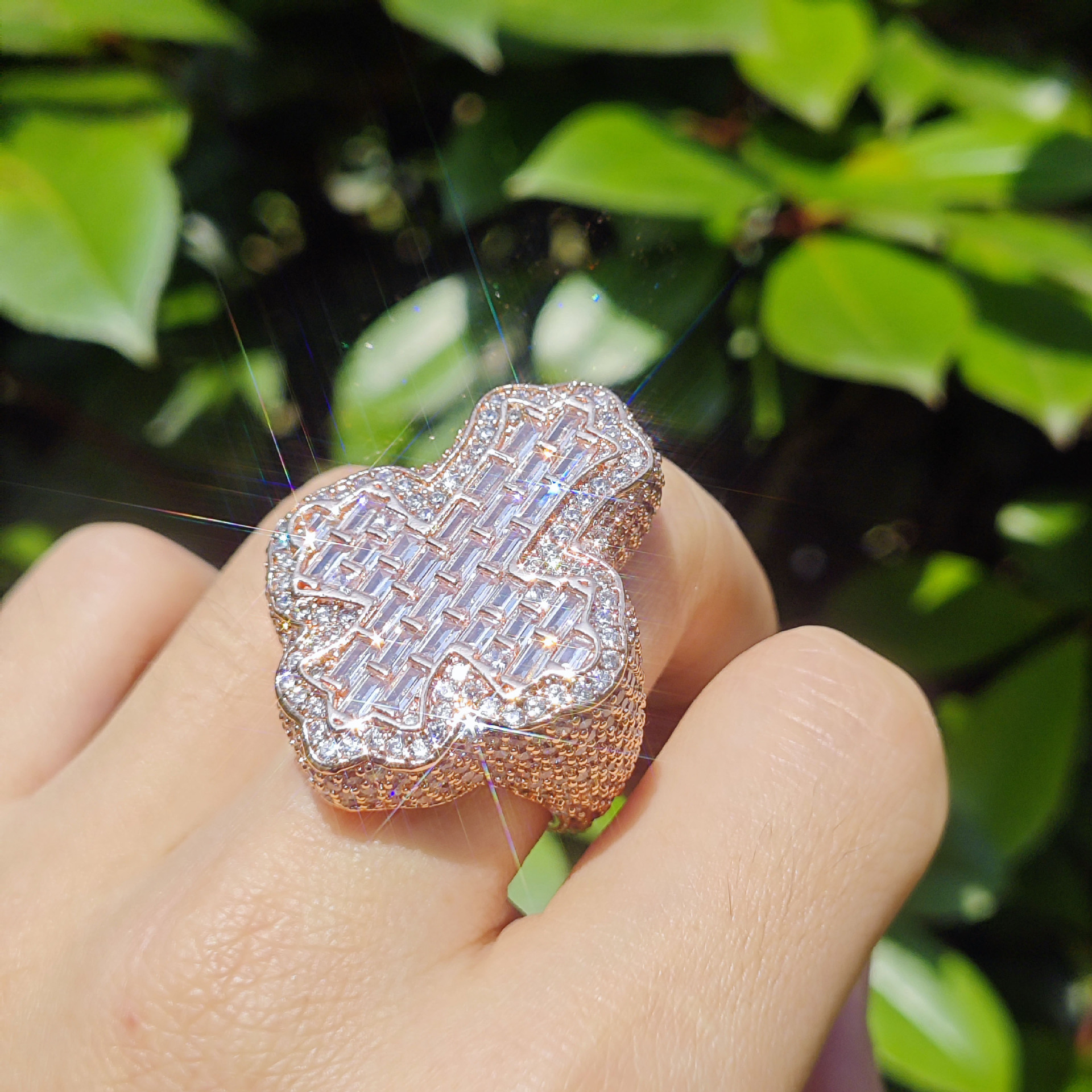 Iced Out Cross Ring Baguette Cubic Zirconia Hip Hop Statement Ring Unisex — detail 5