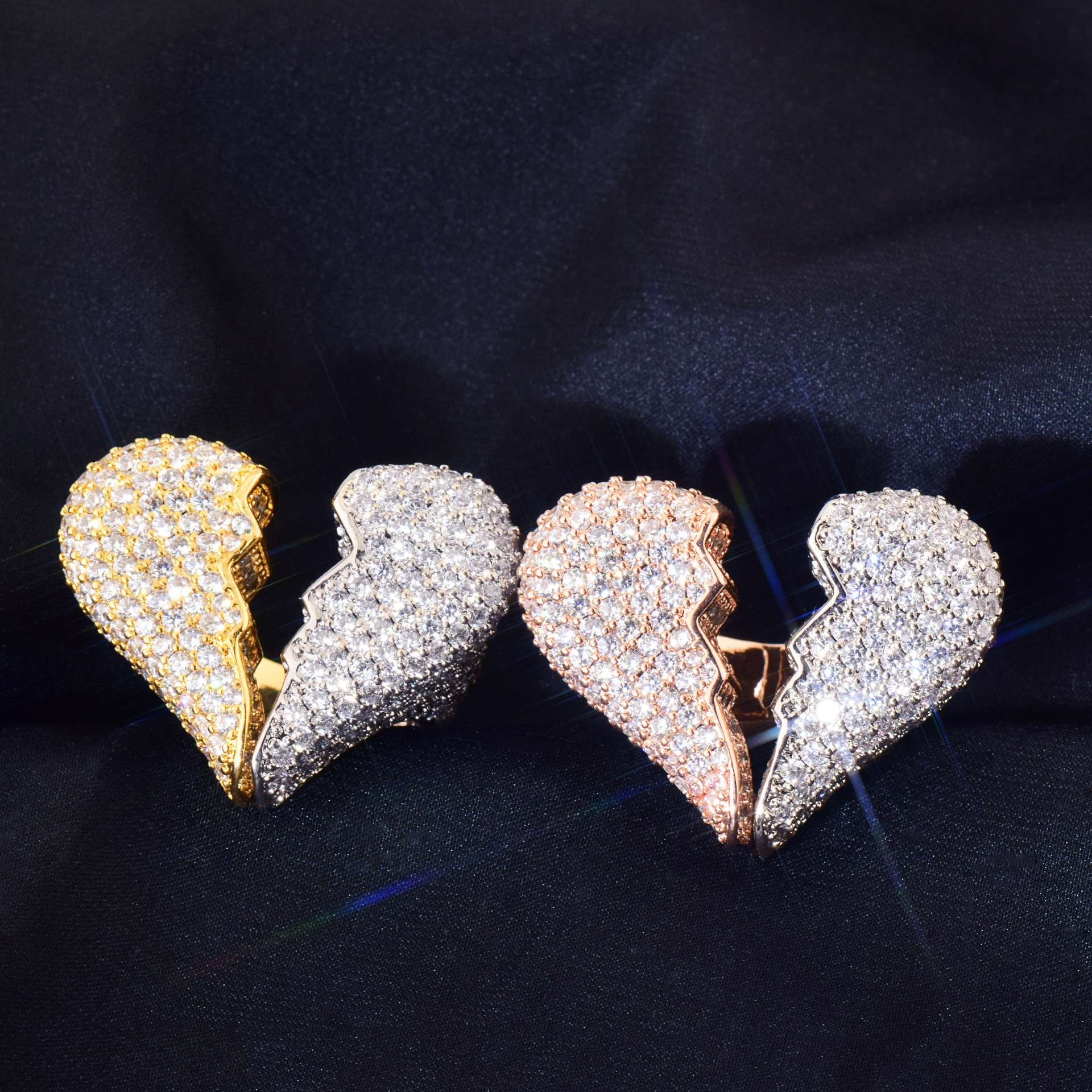 Broken Heart Iced Out CZ Ring, Hip Hop Couple Statement Ring — detail 2