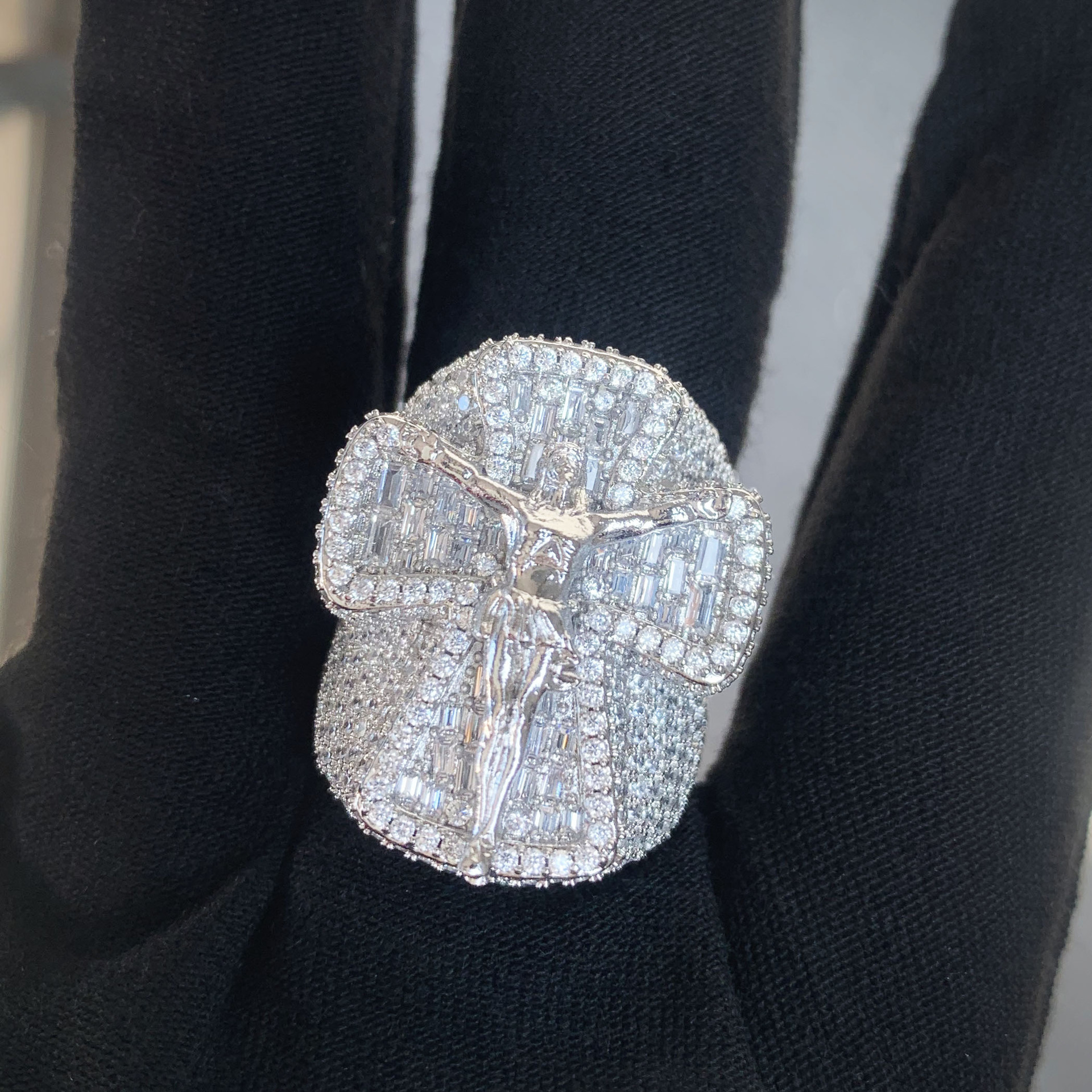 Iced Out Double Layer Cross Jesus Ring Full Paved Cubic Zirconia Hip Hop Mens Statement Ring — detail 3