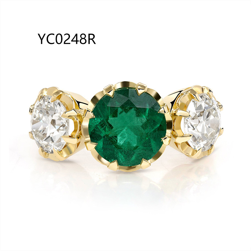 Three Stone Ring 925 Sterling Silver 18K Gold Plated Moissanite / Lab Emerald Engagement Ring — detail 2