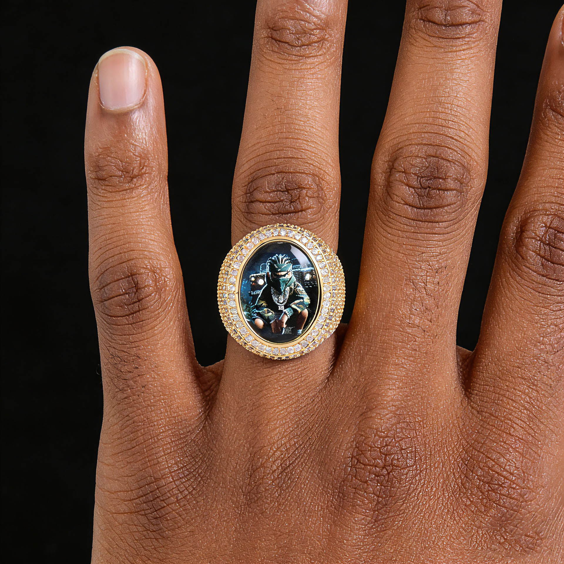 Custom Photo Oval Hip Hop Ring, Full Pave Cubic Zirconia Personalized Picture Ring — detail 2