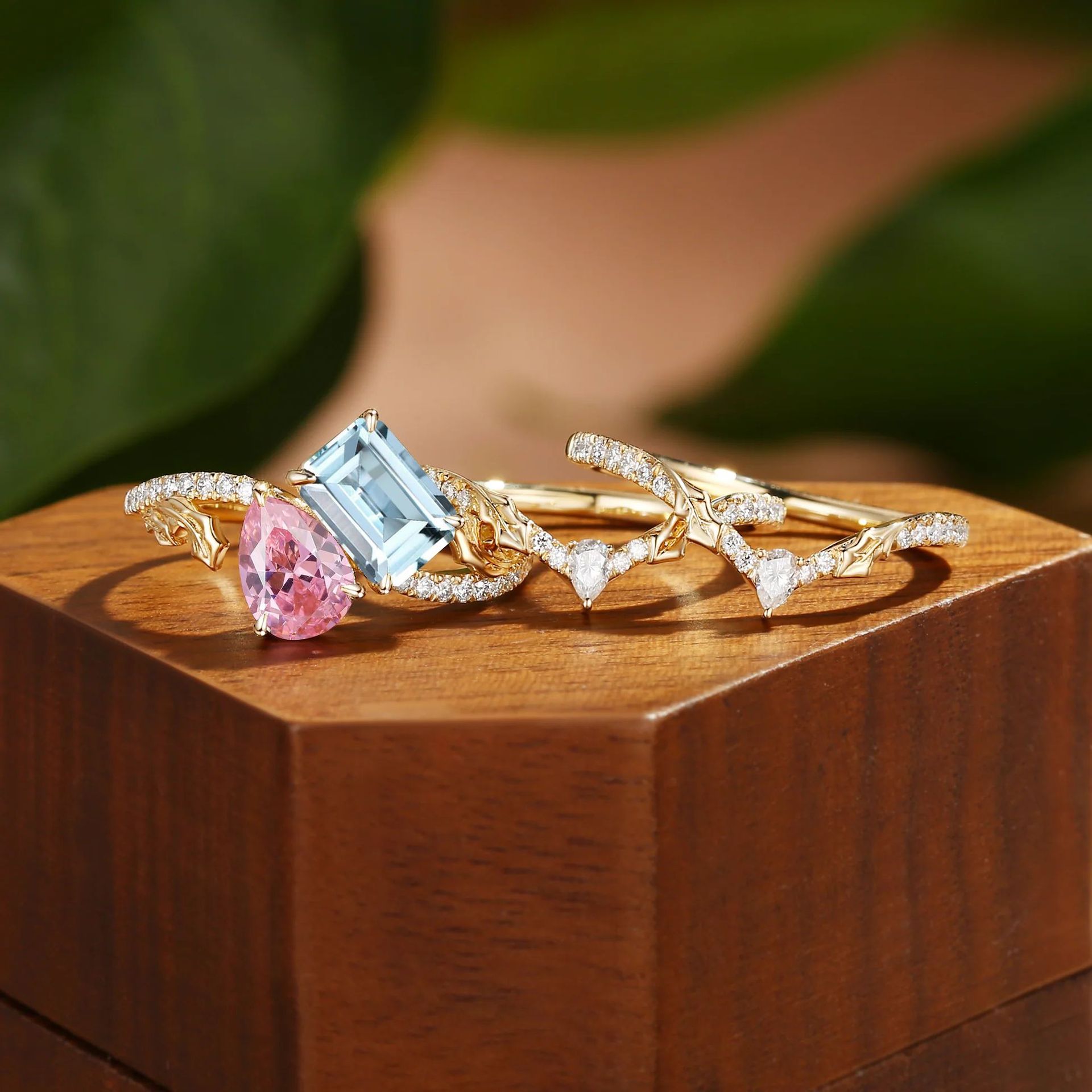 Lab-Grown Pink & Light Blue Gemstone Flower Branch Ring Set