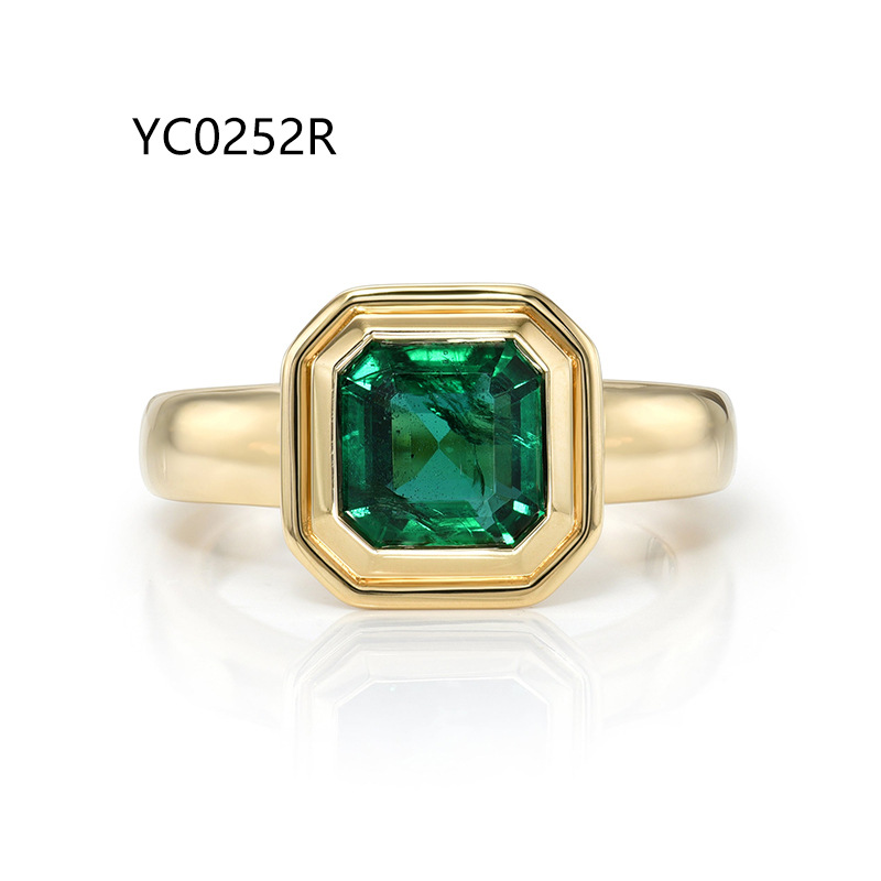 Ins 10-Point Bezel Set Ring, 925 Sterling Silver 18K Gold Plated Lab Grown Emerald / Moissanite Band Ring Unisex — detail 1