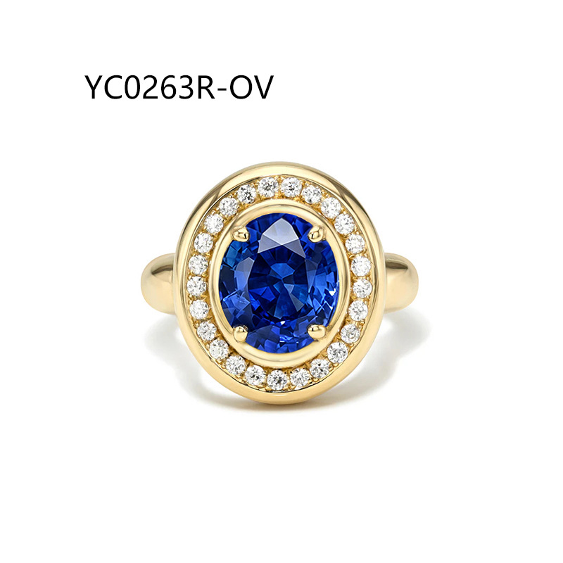 Oval Cushion Lab Grown Sapphire Ring, 925 Sterling Silver 18K Gold Plated Halo Engagement Ring — detail 1