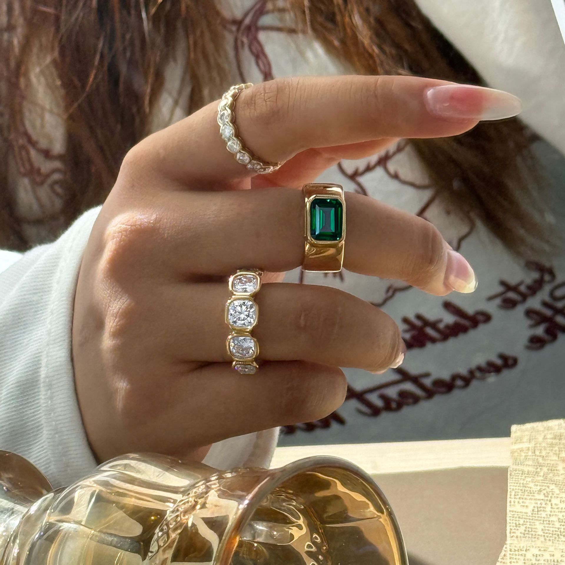 5 Stones Princess Cut Moissanite Band Ring 925 Sterling Silver 18K Gold Plated Stackable Ring — detail 1