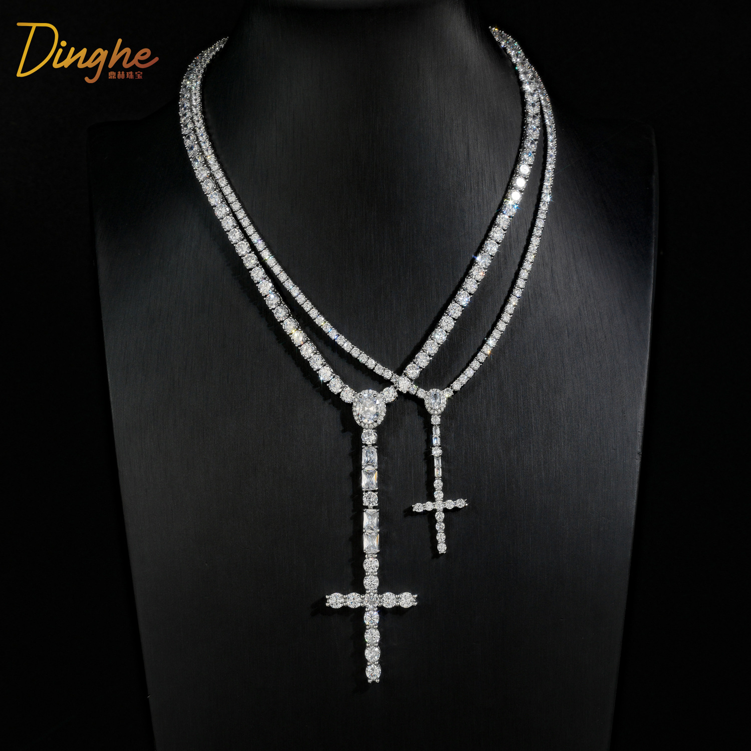 Iced Out Cross Pendant Tennis Chain Necklace, 3mm & 5mm Width Hip Hop Necklace — detail 3