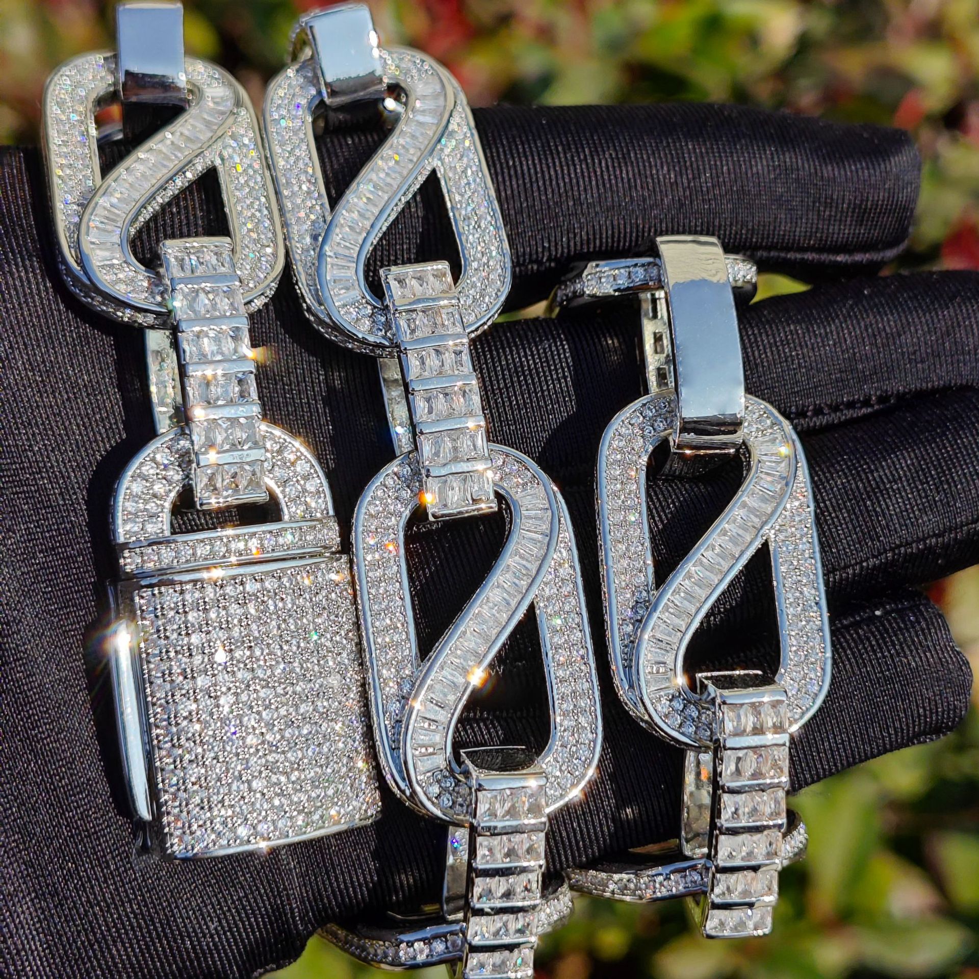 Unisex 18mm / 20mm Stone-Set Geometric Link Necklace & Bracelet — detail 5
