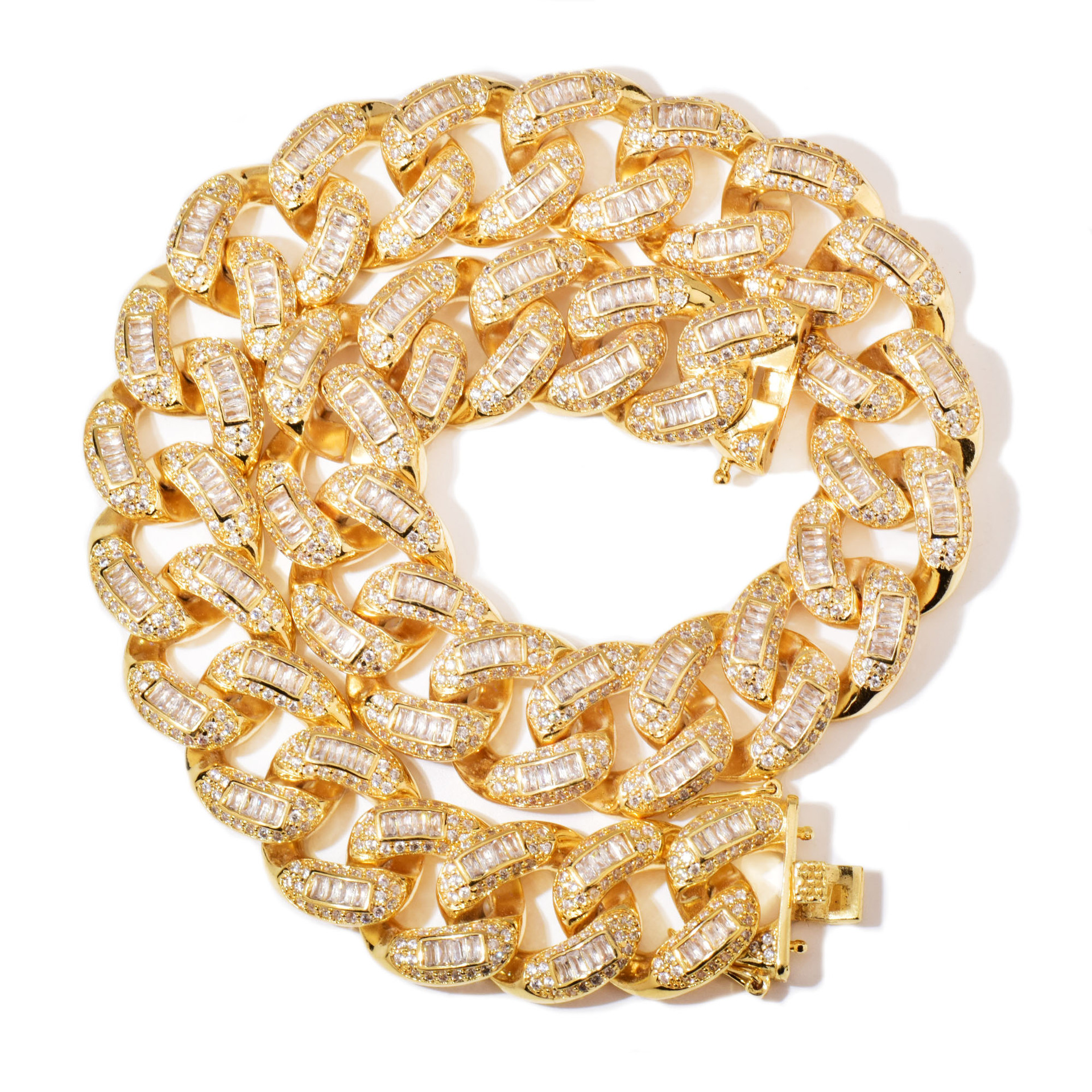 Unisex 20mm Baguette-Style Stone-Set Cuban Link Necklace & Bracelet