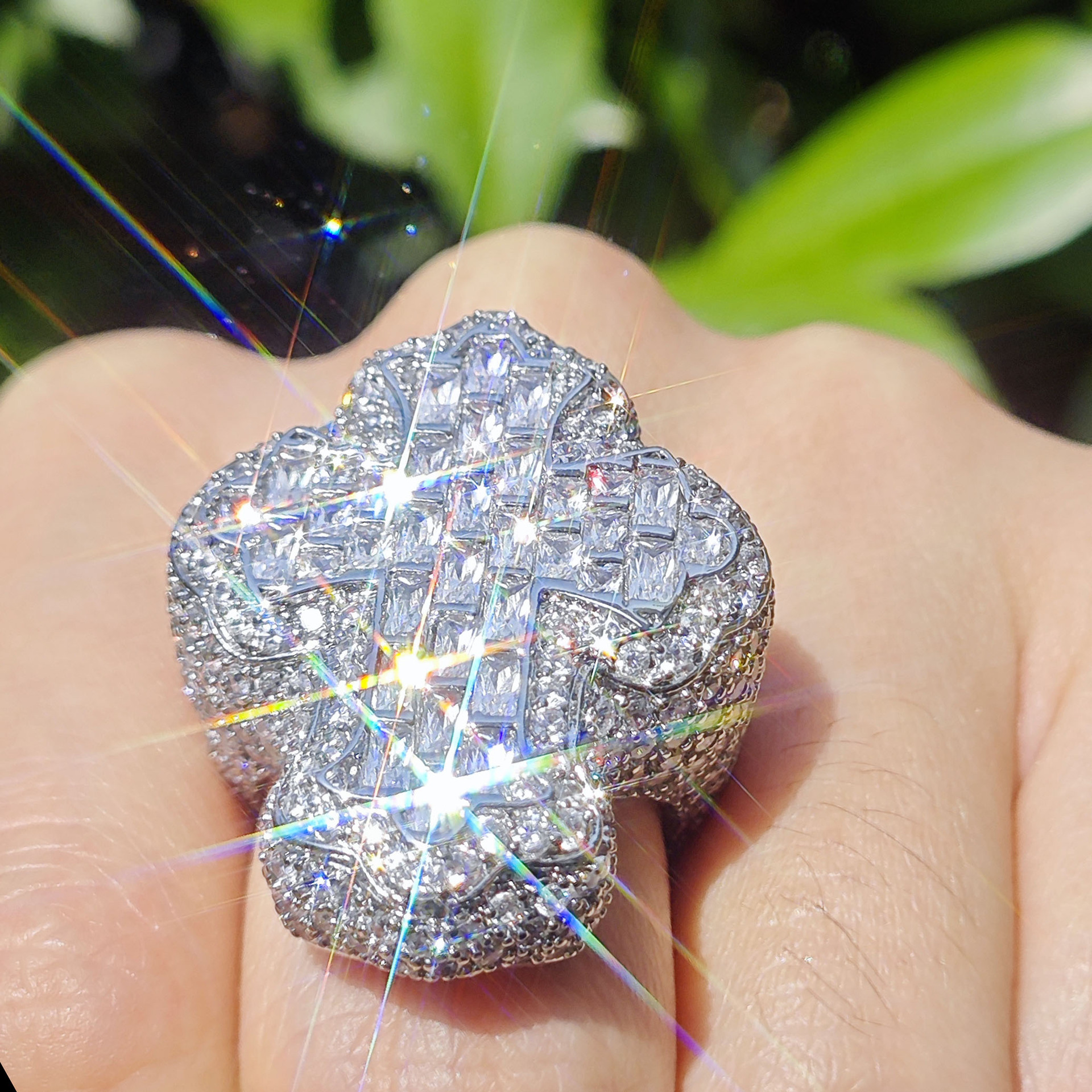 Iced Out Cross Ring Baguette Cubic Zirconia Hip Hop Statement Ring Unisex — detail 2