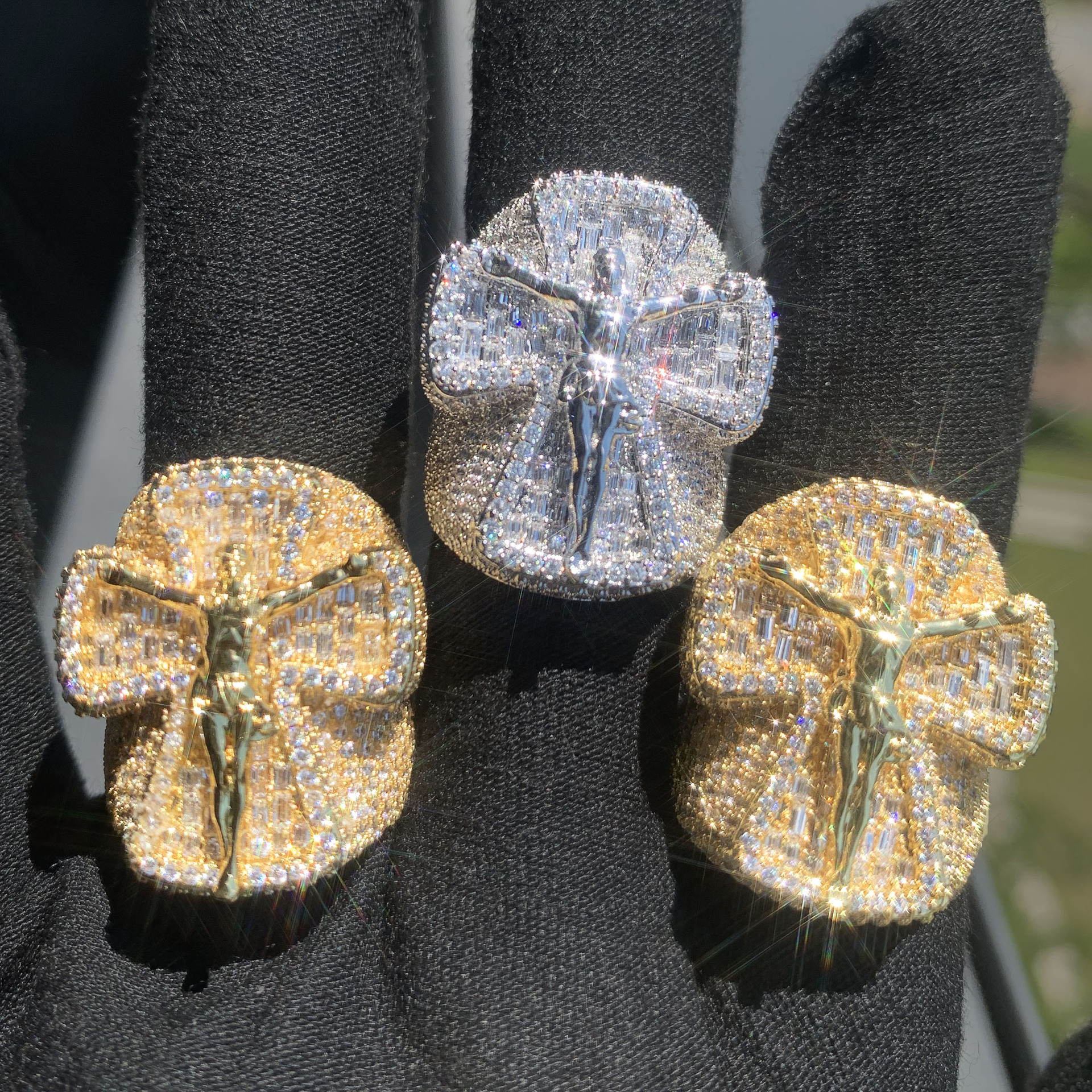 Iced Out Double Layer Cross Jesus Ring Full Paved Cubic Zirconia Hip Hop Mens Statement Ring — detail 9