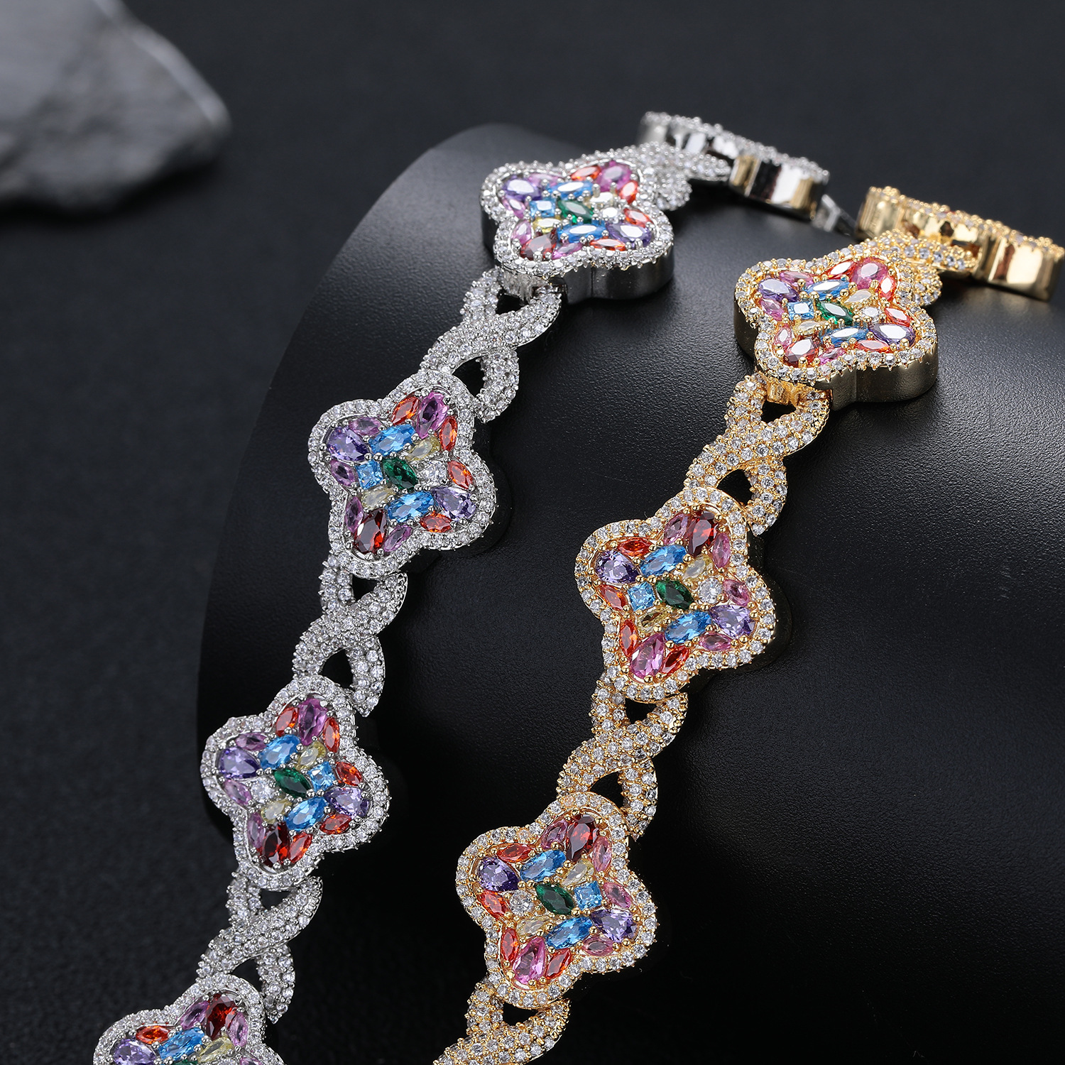 Colorful CZ Four Leaf Clover Bracelet, 11mm Width Gold Plated Copper Bangle — detail 3