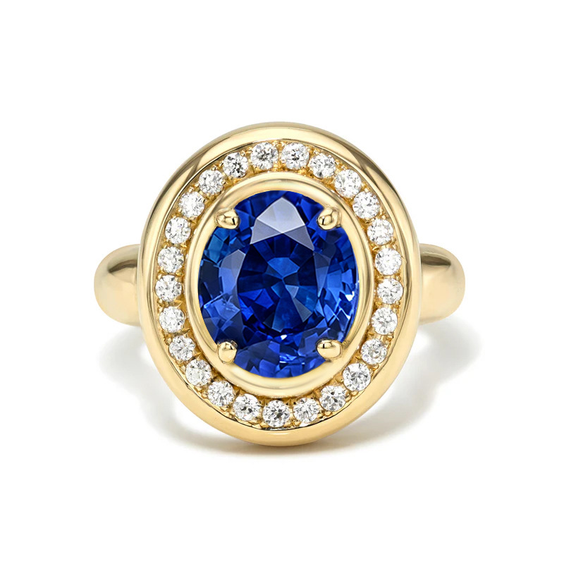 Oval Cushion Lab Grown Sapphire Ring, 925 Sterling Silver 18K Gold Plated Halo Engagement Ring — detail 3