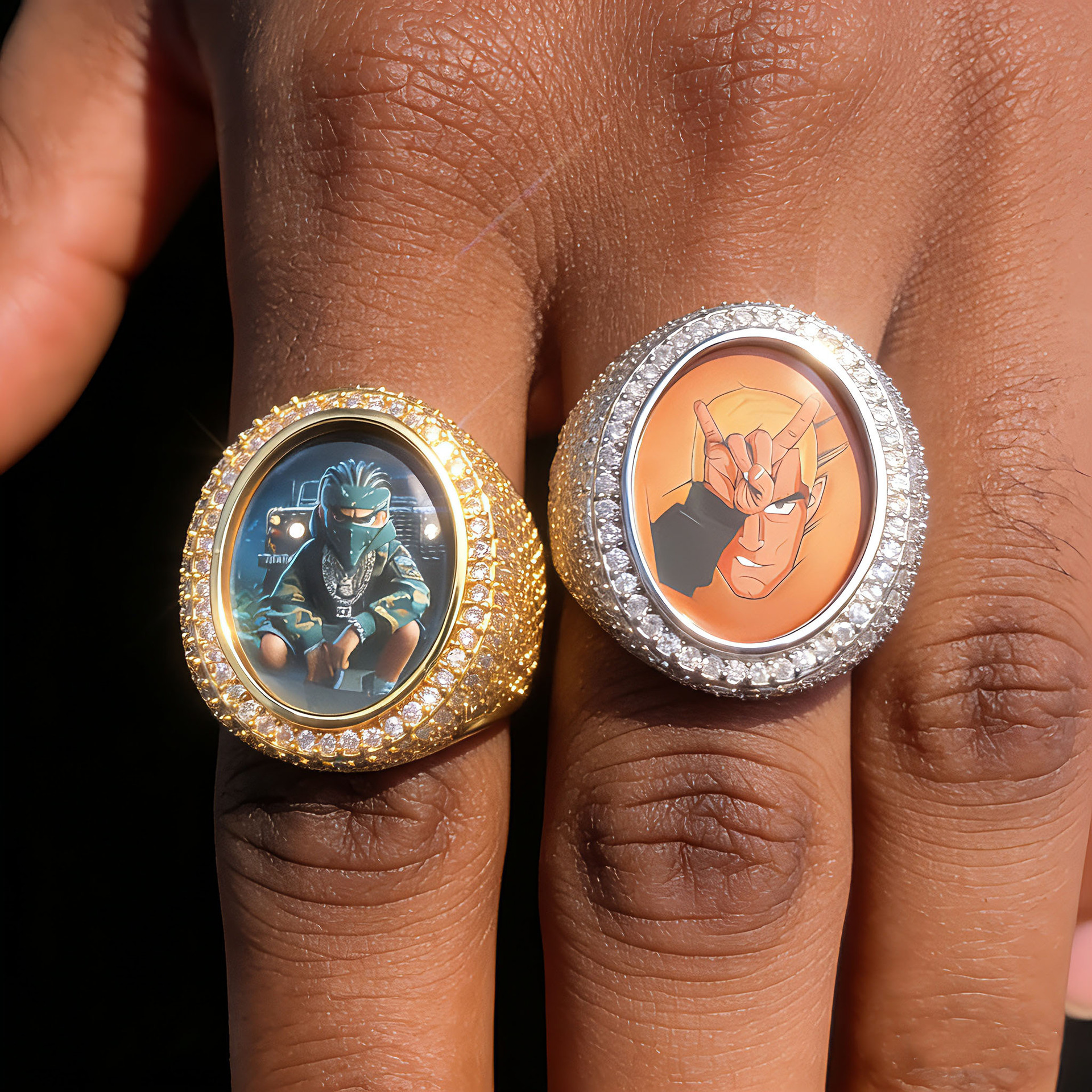Custom Photo Oval Hip Hop Ring, Full Pave Cubic Zirconia Personalized Picture Ring — detail 1