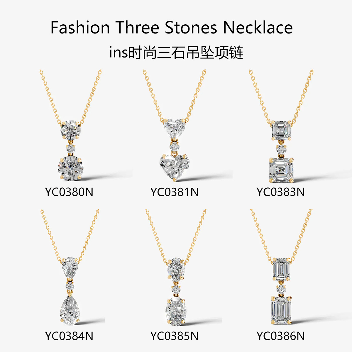 Three Stone Moissanite Necklace 925 Sterling Silver 18K Gold Plated Pendant Necklace — detail 1