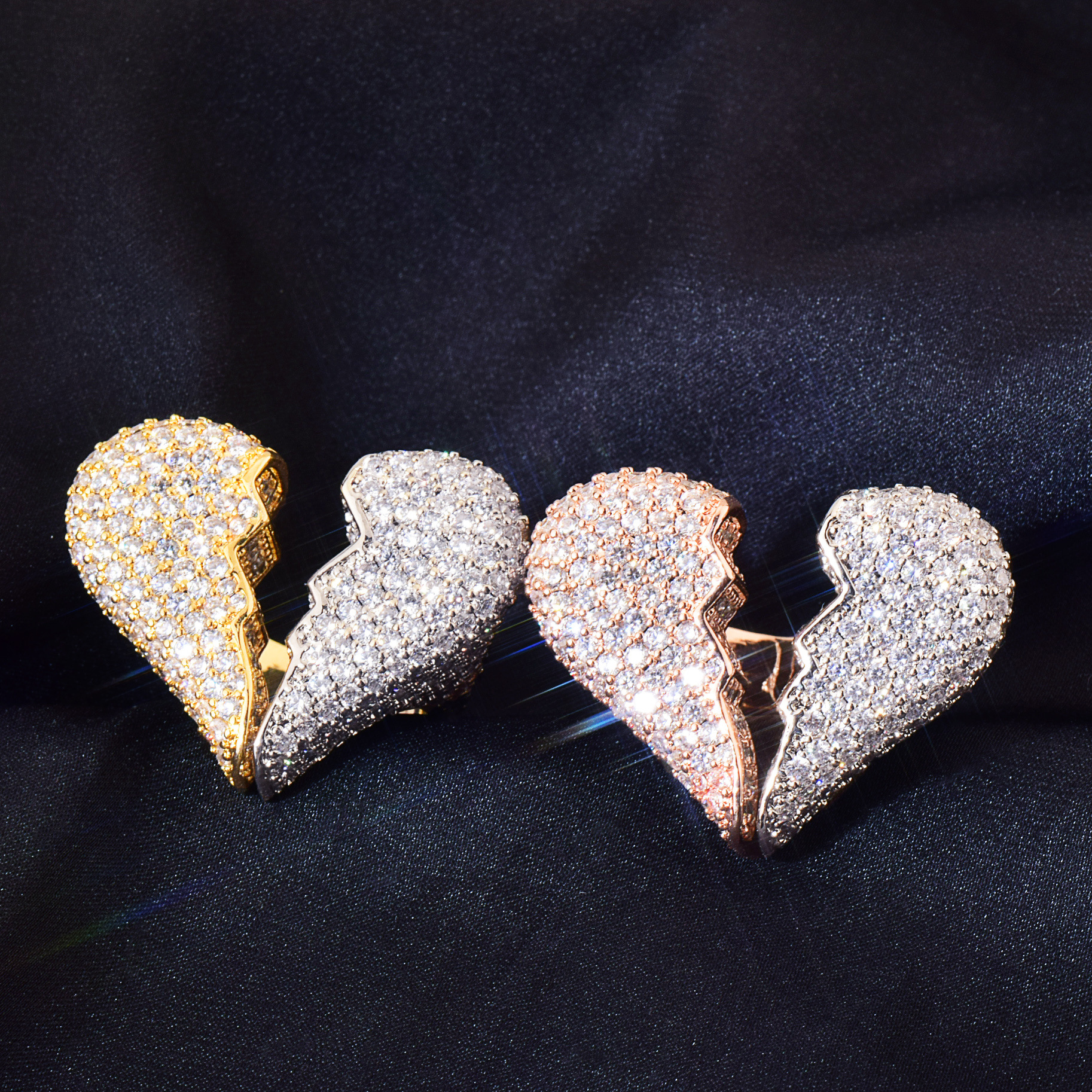 Broken Heart Iced Out CZ Ring, Hip Hop Couple Statement Ring — detail 4