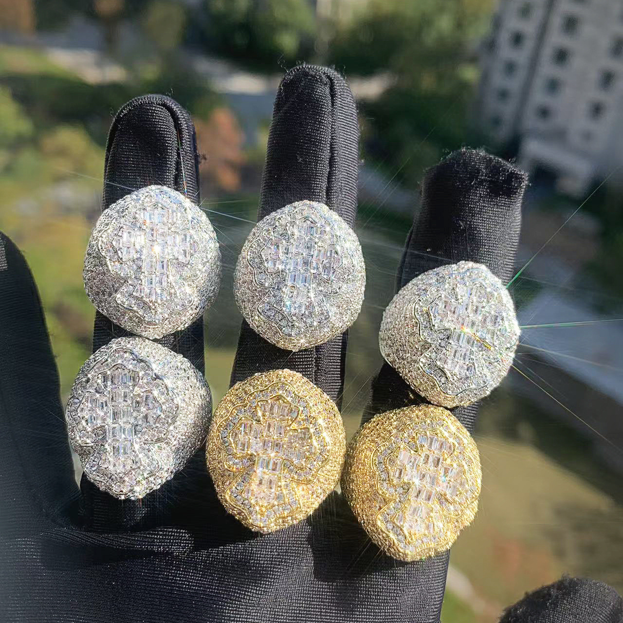 Iced Out Cross Dome Ring Full Paved Cubic Zirconia Hip Hop Statement Ring — detail 4