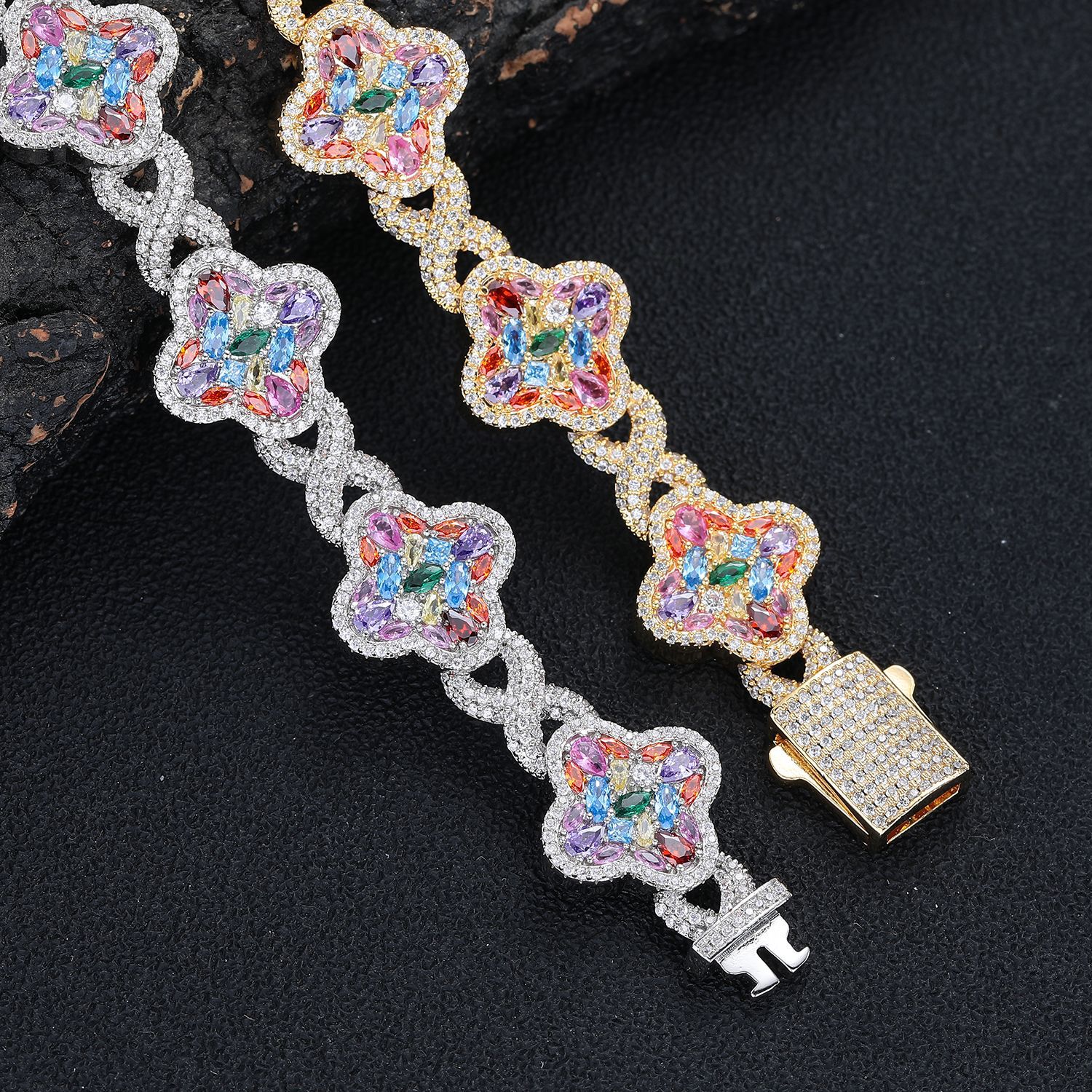 Colorful CZ Four Leaf Clover Bracelet, 11mm Width Gold Plated Copper Bangle — detail 4