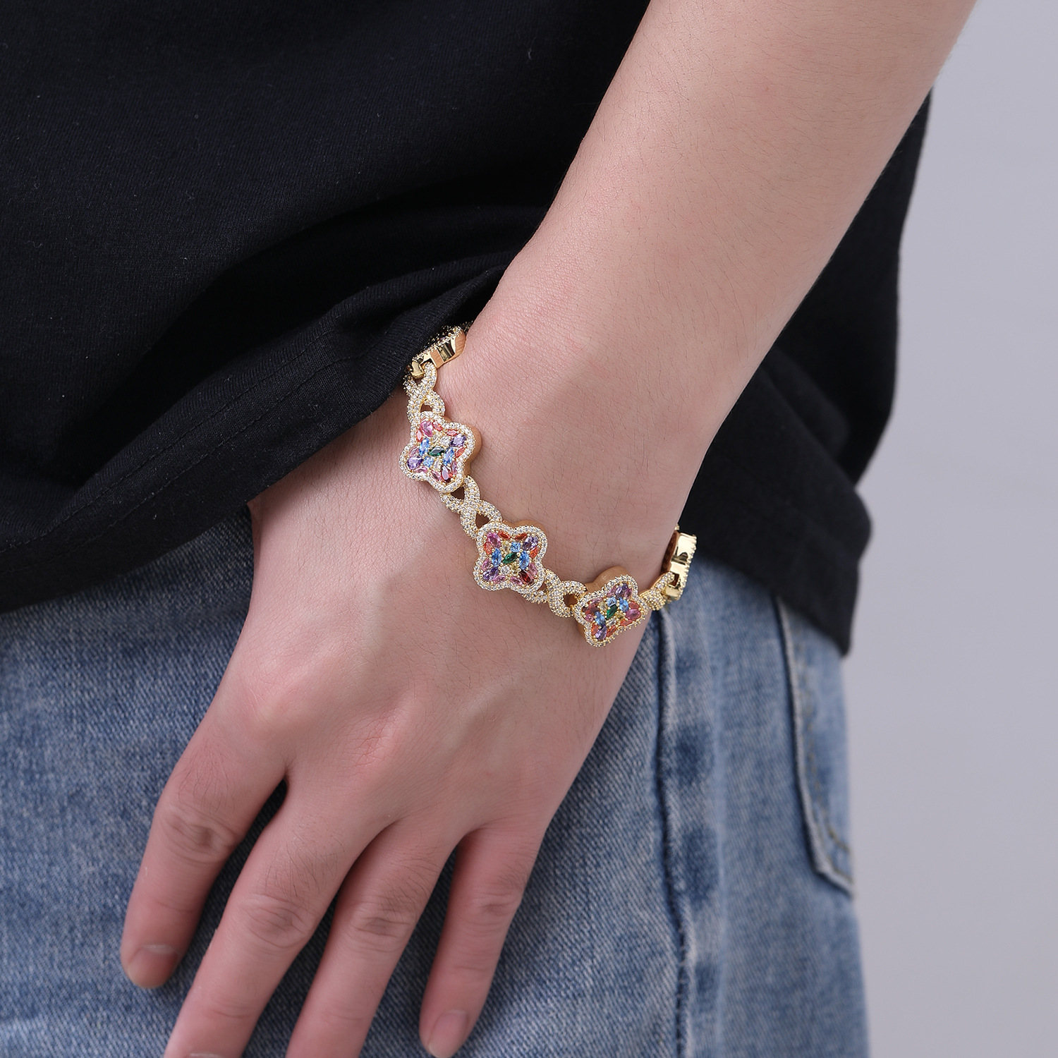 Colorful CZ Four Leaf Clover Bracelet, 11mm Width Gold Plated Copper Bangle — detail 1