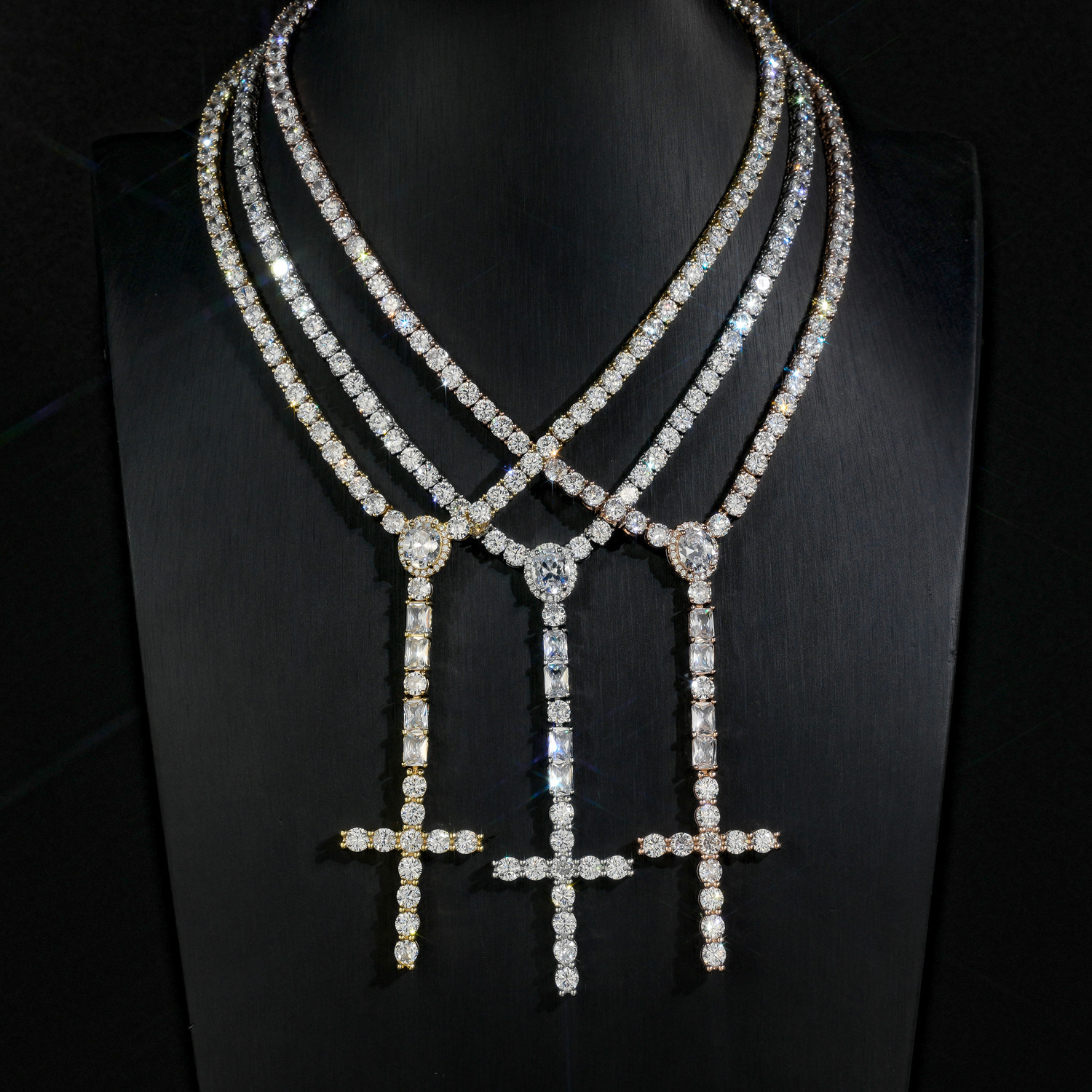 Iced Out Cross Pendant Tennis Chain Necklace, 3mm & 5mm Width Hip Hop Necklace — detail 4
