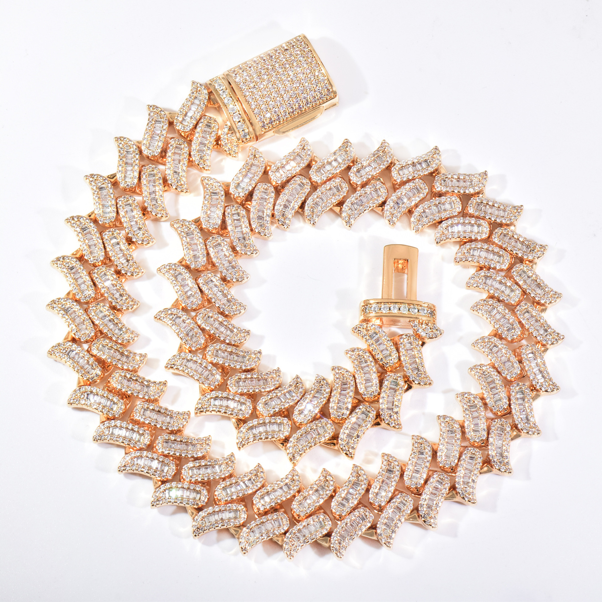 Unisex 15mm Mustache-Style Stone-Set Cuban Link Necklace & Bracelet