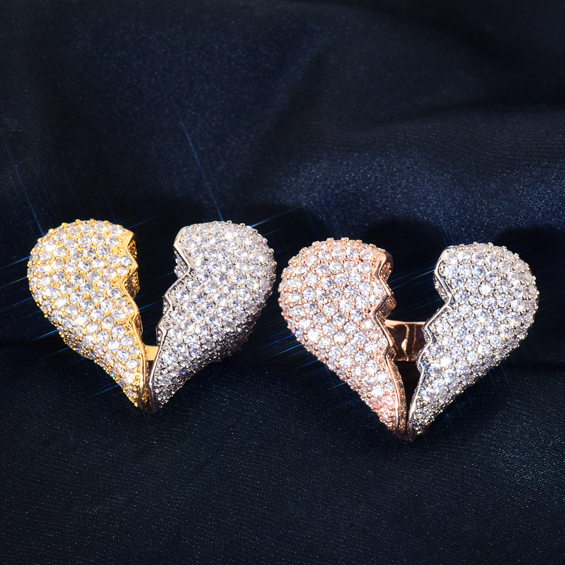 Broken Heart Iced Out CZ Ring, Hip Hop Couple Statement Ring — detail 3