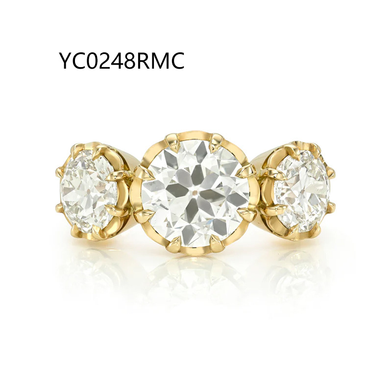Three Stone Ring 925 Sterling Silver 18K Gold Plated Moissanite / Lab Emerald Engagement Ring — detail 1