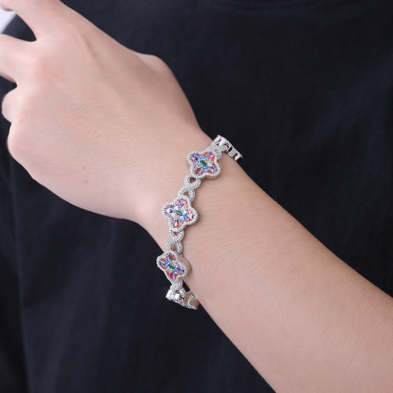 Colorful CZ Four Leaf Clover Bracelet, 11mm Width Gold Plated Copper Bangle — detail 2