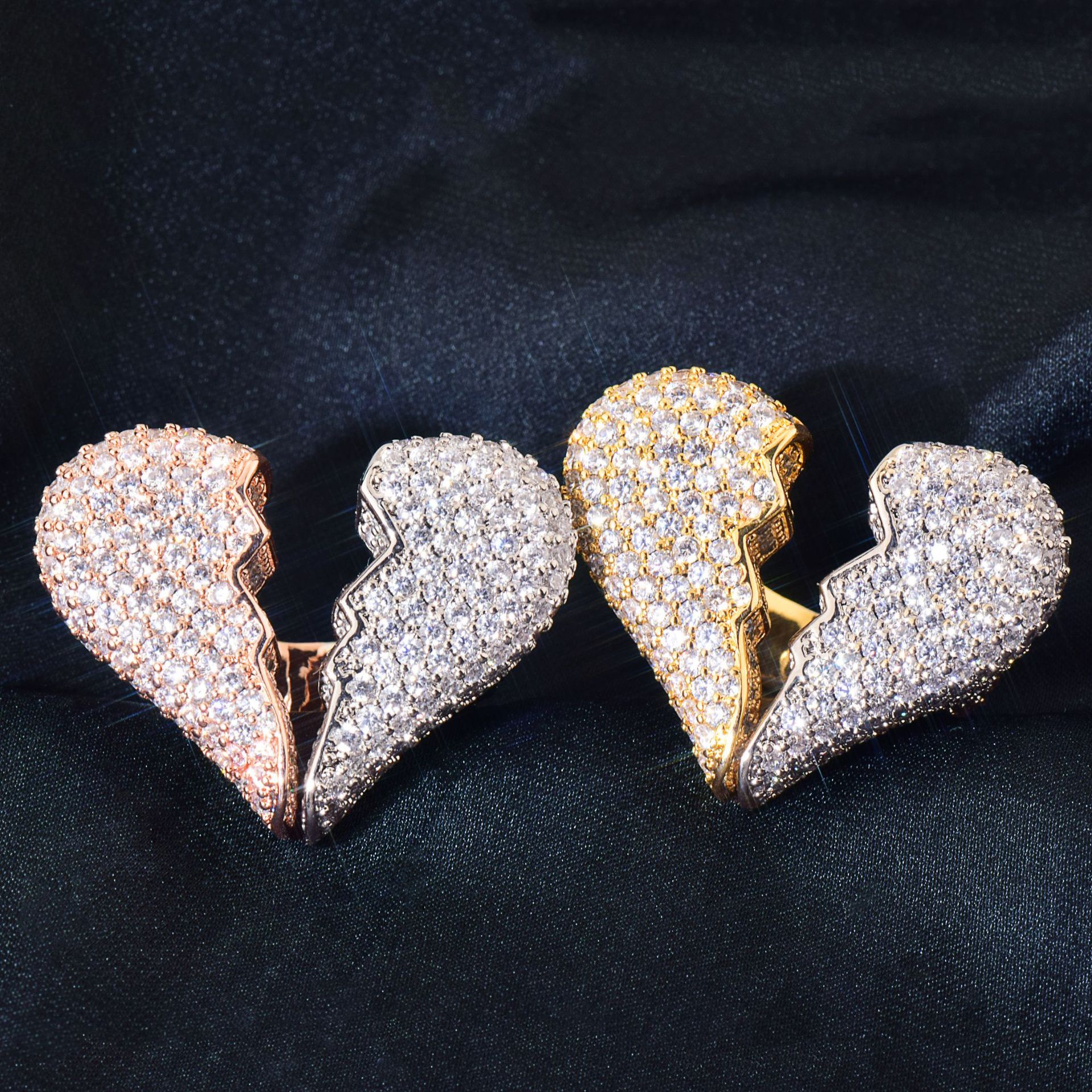 Broken Heart Iced Out CZ Ring, Hip Hop Couple Statement Ring — detail 1