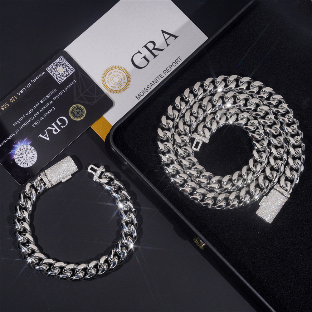 925 Sterling Silver VVS Moissanite Clasp 12mm Cuban Link Chain Bracelet & Necklace — detail 5