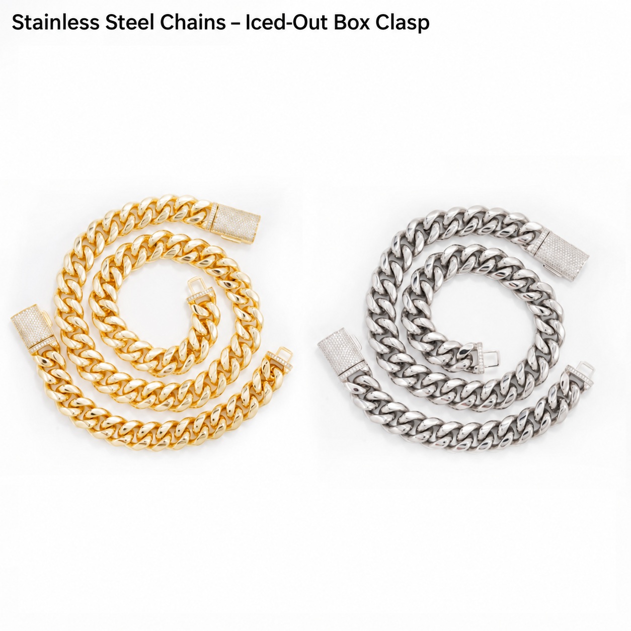 12mm Stainless Steel Cuban Link Bracelet & Necklace with 925 Silver Moissanite Clasp