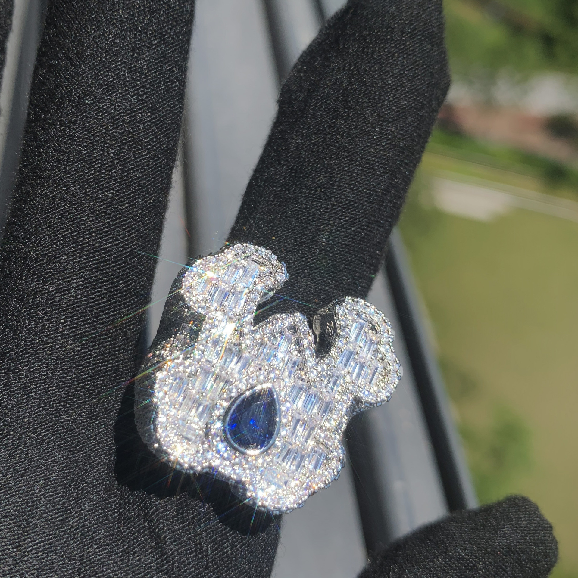 Iced Out Blue Teardrop T Square CZ Hip Hop Ring For Men — detail 4