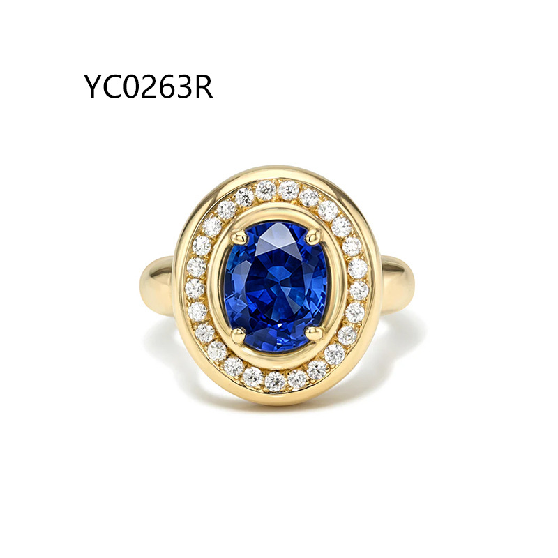Oval Cushion Lab Grown Sapphire Ring, 925 Sterling Silver 18K Gold Plated Halo Engagement Ring — detail 2