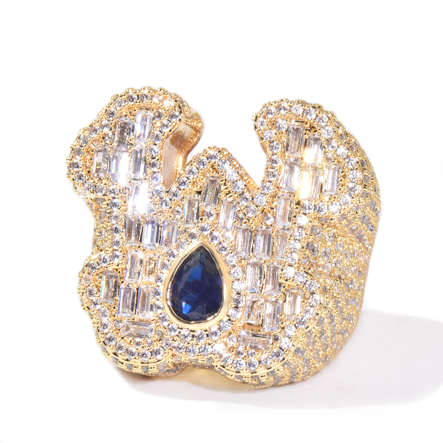 Iced Out Blue Teardrop T Square CZ Hip Hop Ring For Men — detail 3