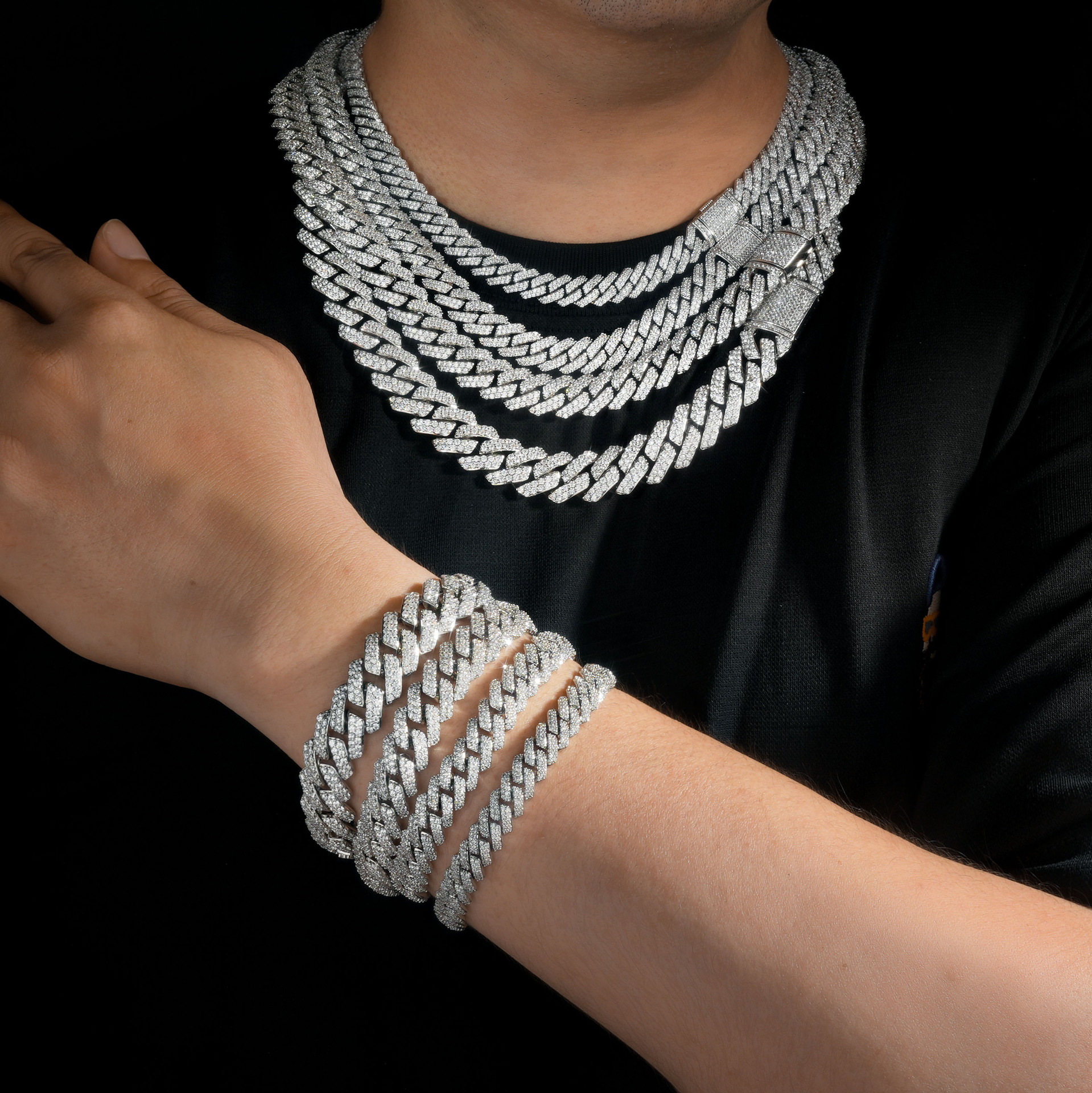 AODHY 8–15mm Double-Row Diamond-Shaped Iced-Out Cuban Link Necklace & Bracelet — detail 8