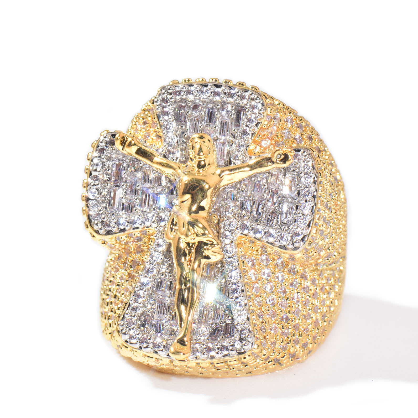 Iced Out Double Layer Cross Jesus Ring Full Paved Cubic Zirconia Hip Hop Mens Statement Ring — detail 1