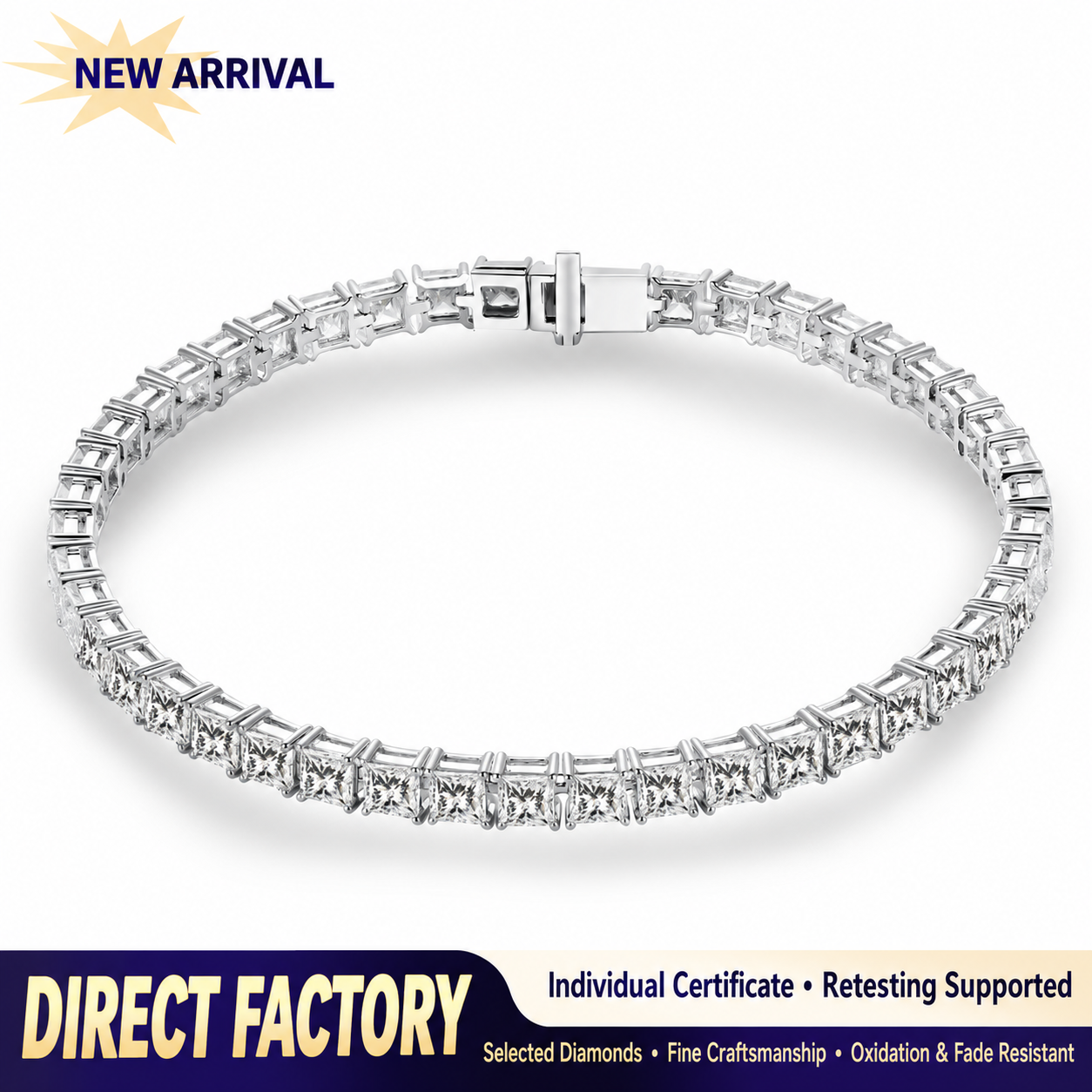 18K White Gold Princess-Cut Lab-Grown Diamond Tennis Bracelet – Approx. 8.7ct, 17cm — detail 4