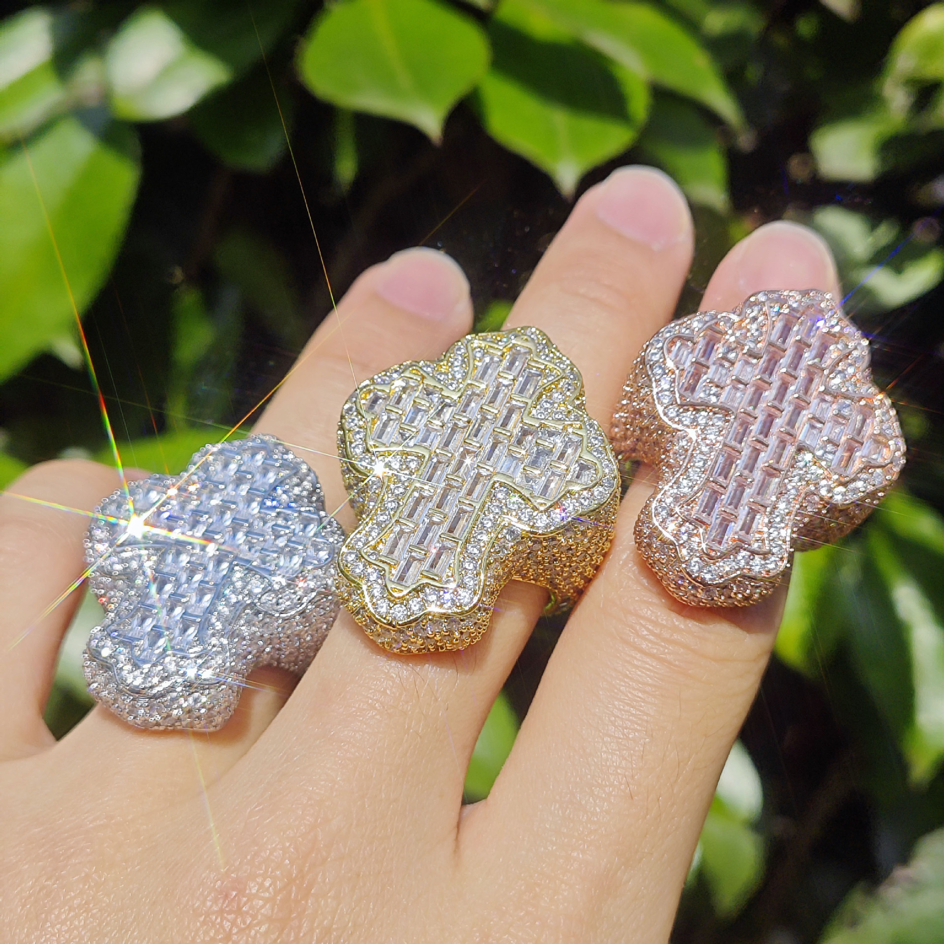 Iced Out Cross Ring Baguette Cubic Zirconia Hip Hop Statement Ring Unisex — detail 1