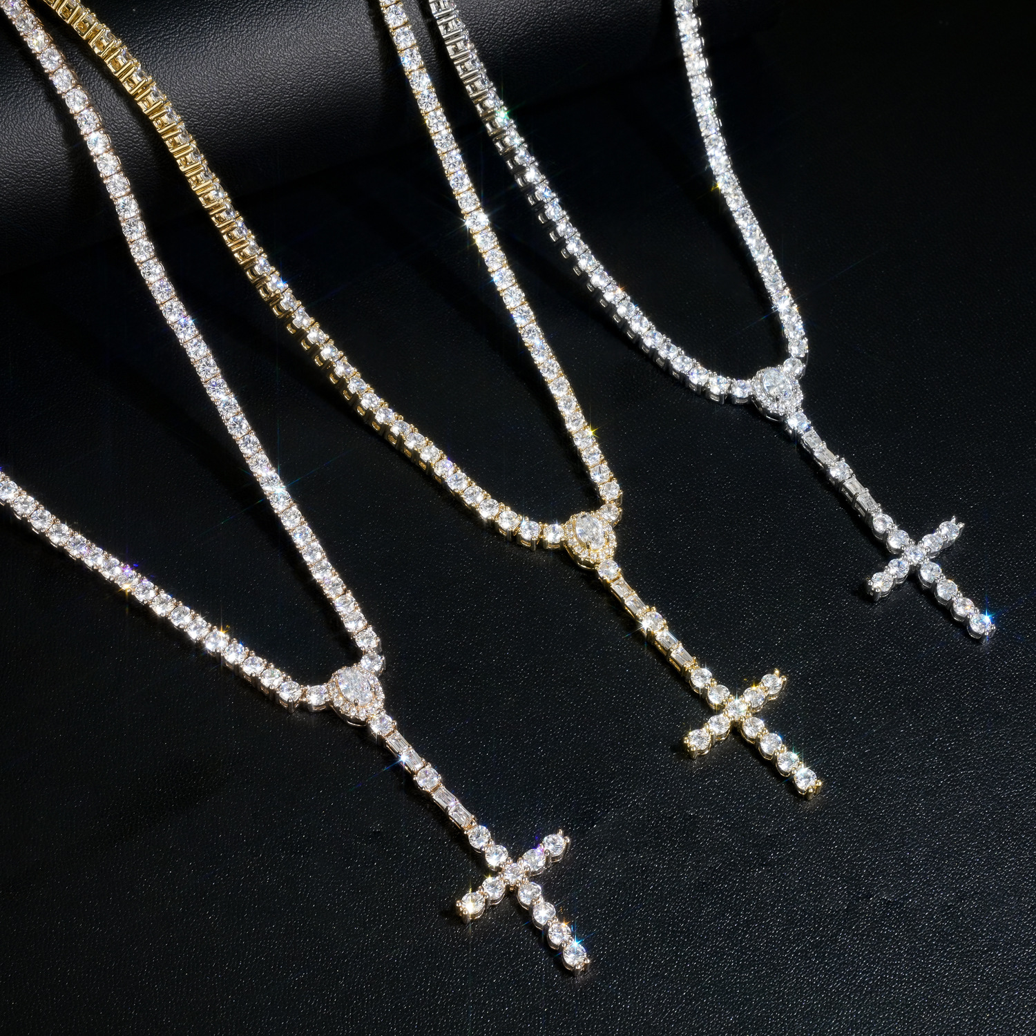Iced Out Cross Pendant Tennis Chain Necklace, 3mm & 5mm Width Hip Hop Necklace — detail 1