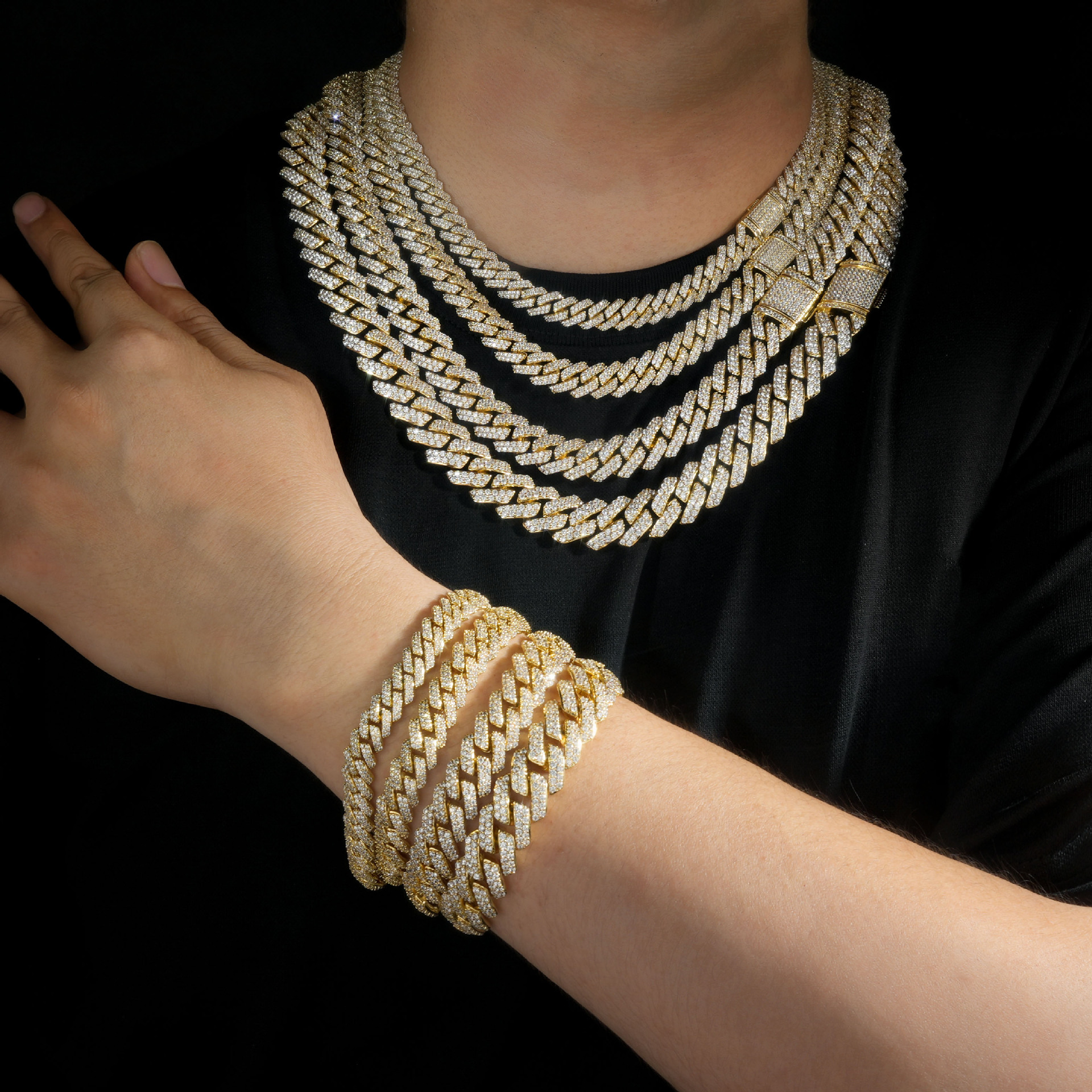 AODHY 8–15mm Double-Row Diamond-Shaped Iced-Out Cuban Link Necklace & Bracelet — detail 7