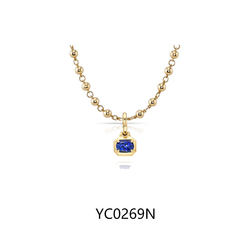 18K gold plated + 7×9mm egg-shaped cultured royal blue sapphire · S925 silver / with chain (40+5cm)