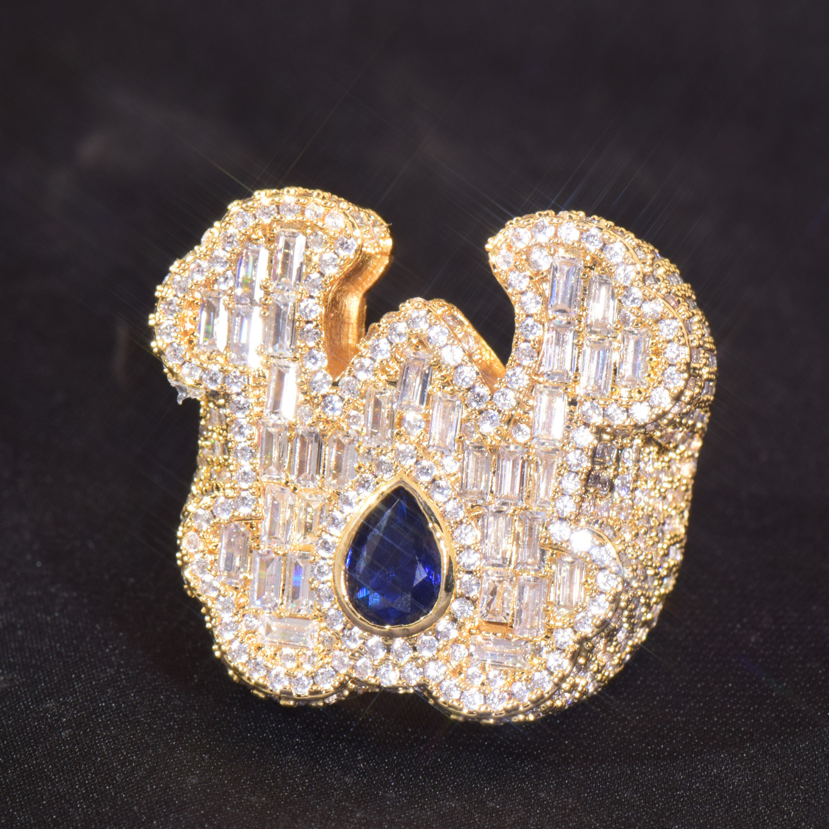 Iced Out Blue Teardrop T Square CZ Hip Hop Ring For Men — detail 2
