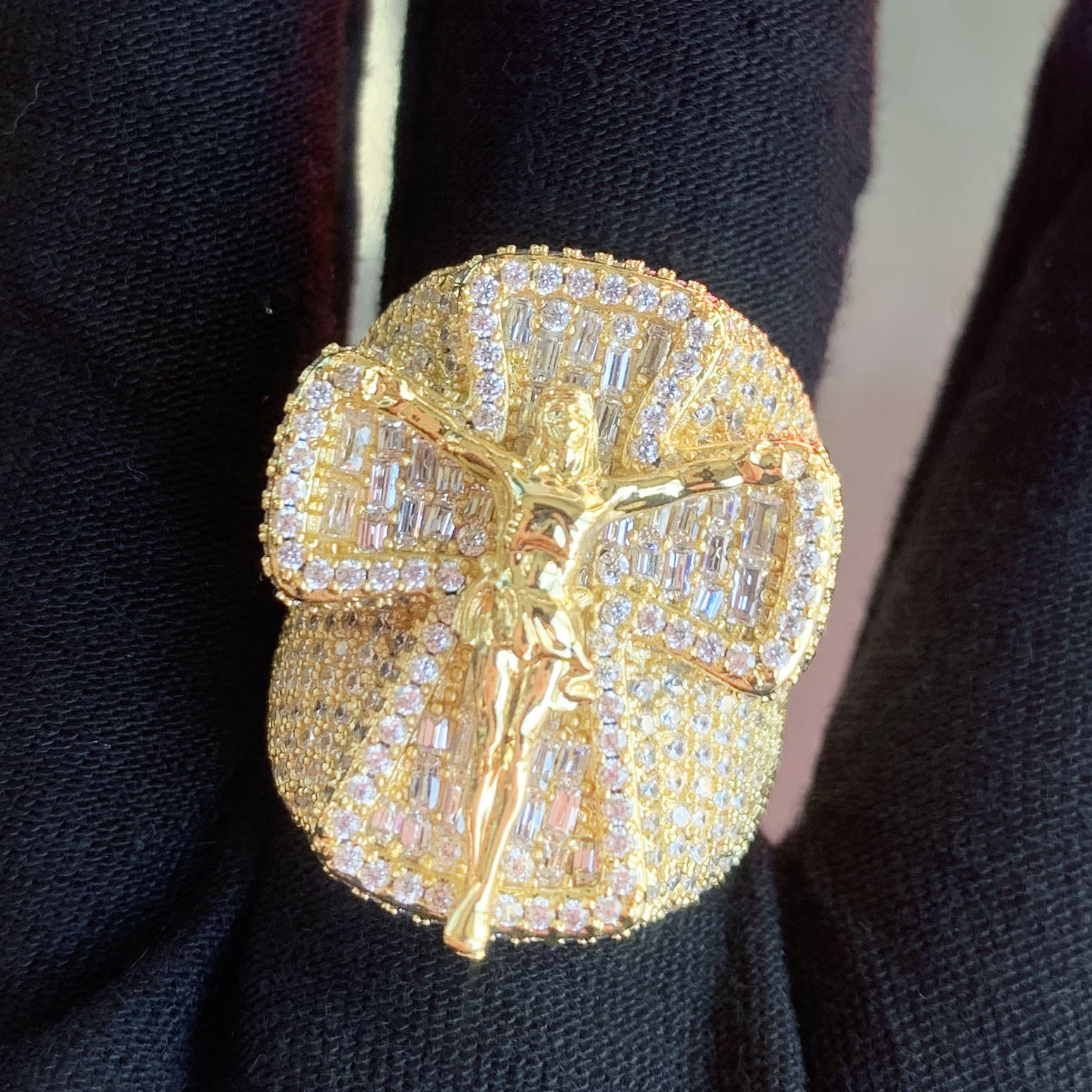 Iced Out Double Layer Cross Jesus Ring Full Paved Cubic Zirconia Hip Hop Mens Statement Ring — detail 5