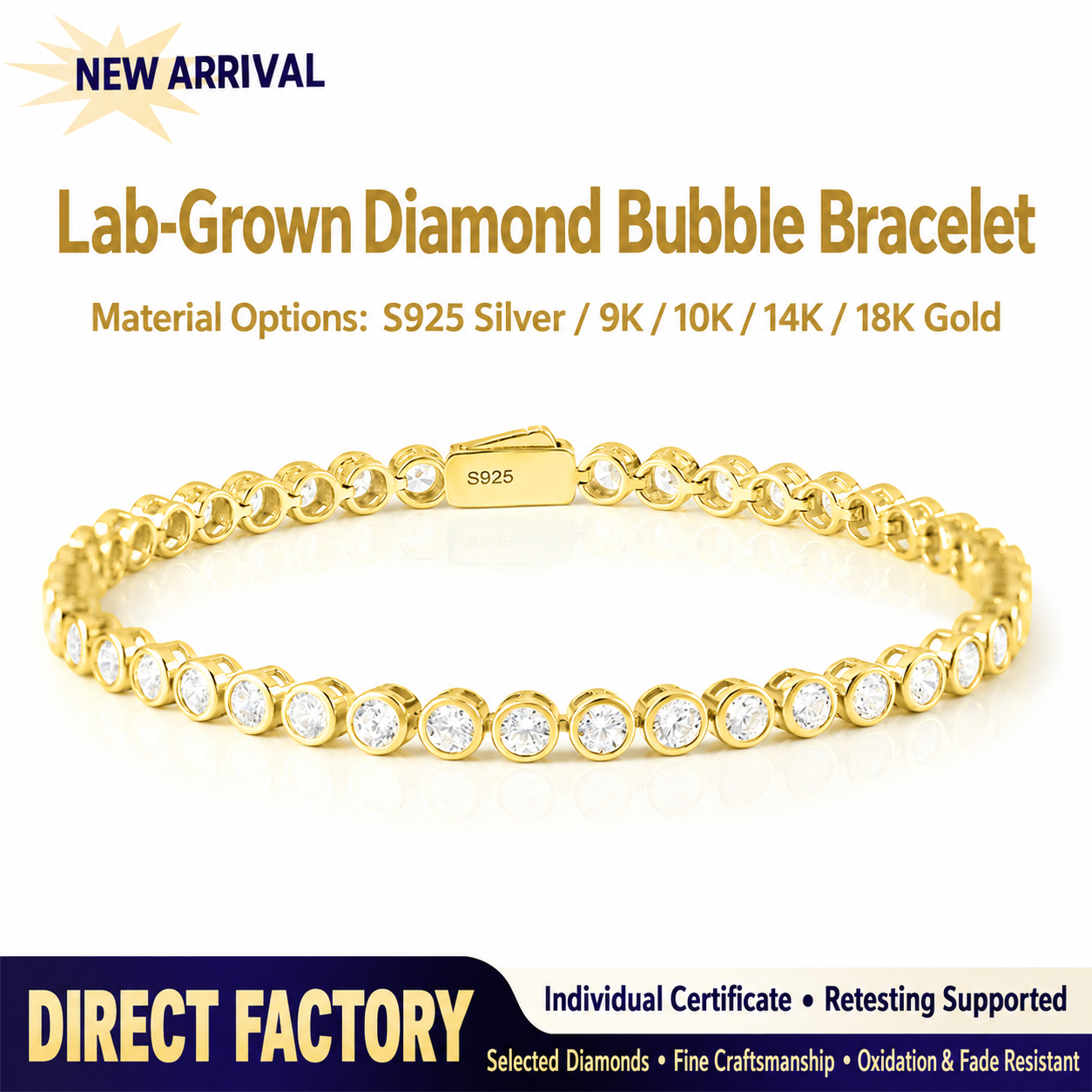 S925 Sterling Silver Bubble Bracelet – Moissanite / Lab-Grown Diamond, 7 Inches — detail 6
