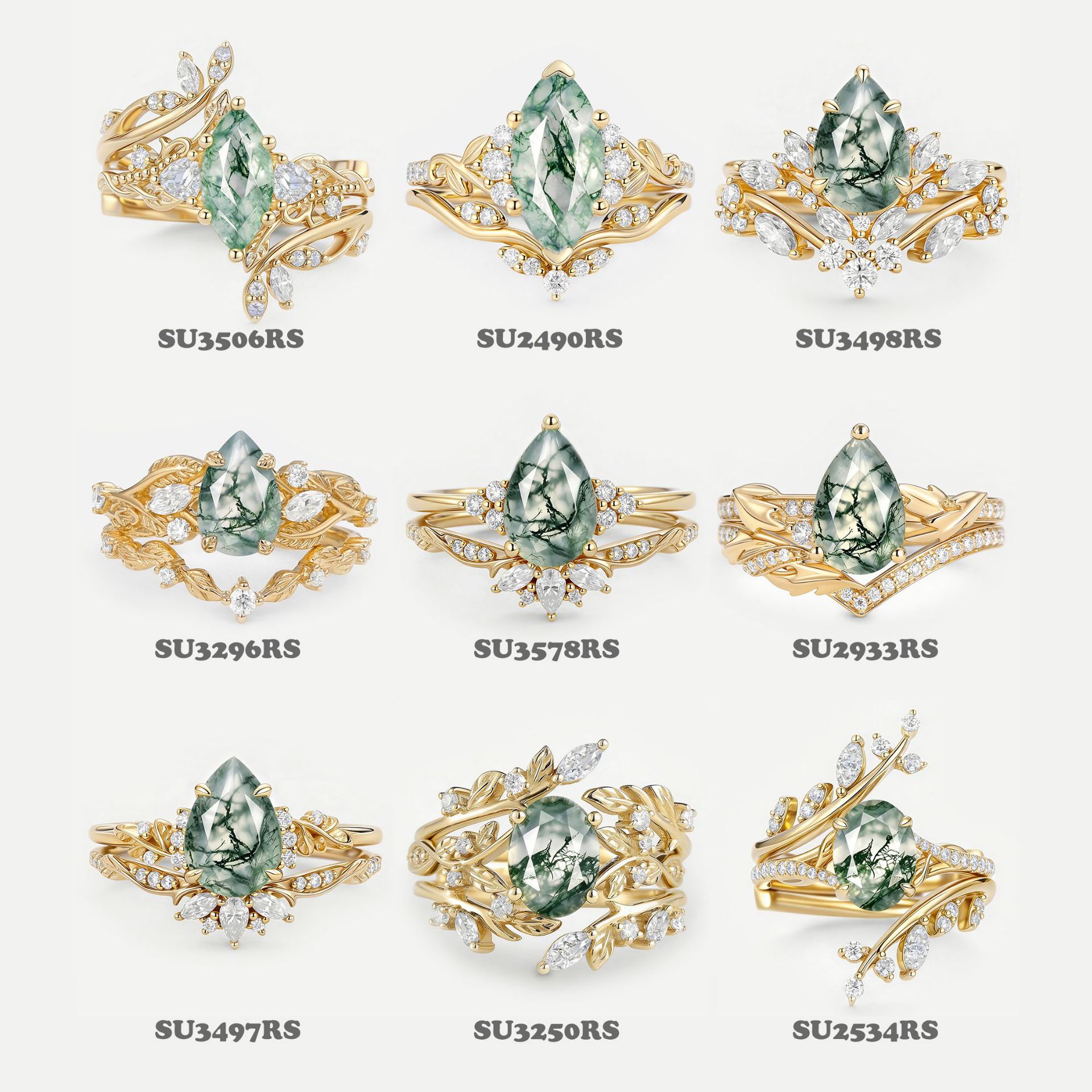 Natural Moss Agate & Moissanite Botanical Ring Sets in S925 Silver