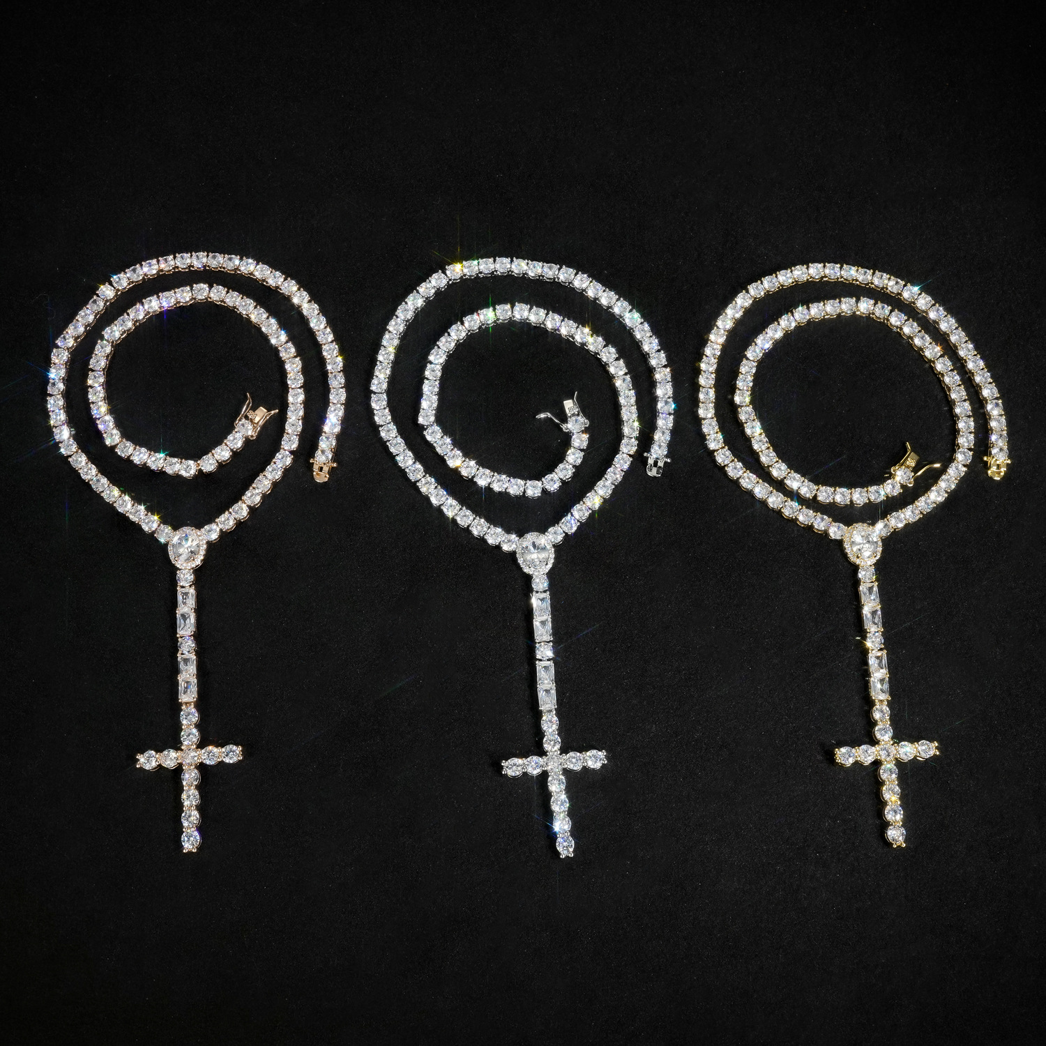 Iced Out Cross Pendant Tennis Chain Necklace, 3mm & 5mm Width Hip Hop Necklace — detail 2