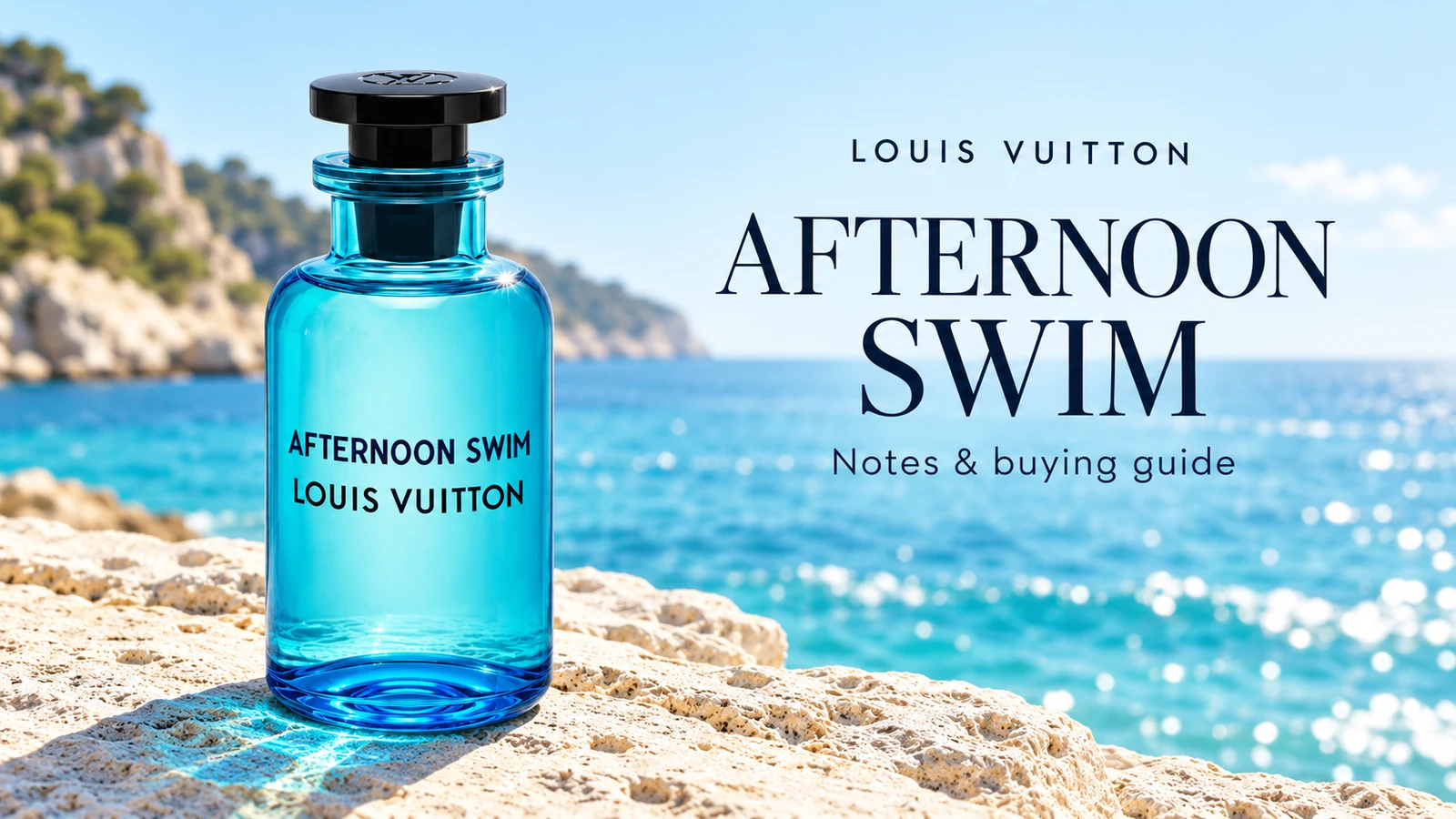 Editorial composite showing an Afternoon Swim bottle beside a sunlit coast with the title Notes and buying guide