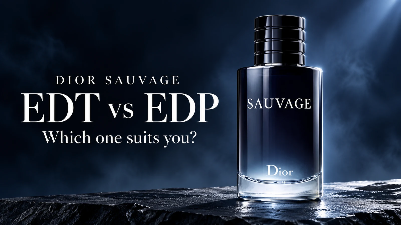 Editorial composite showing a Dior Sauvage bottle on a dark blue background with the title EDT vs EDP