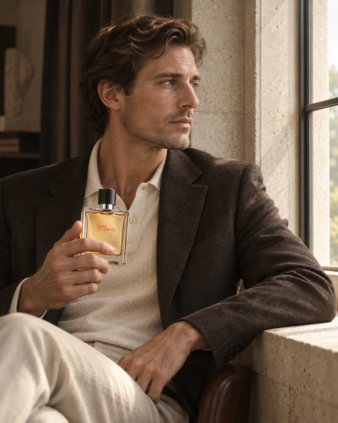 Man holding a fragrance beside a softly lit window