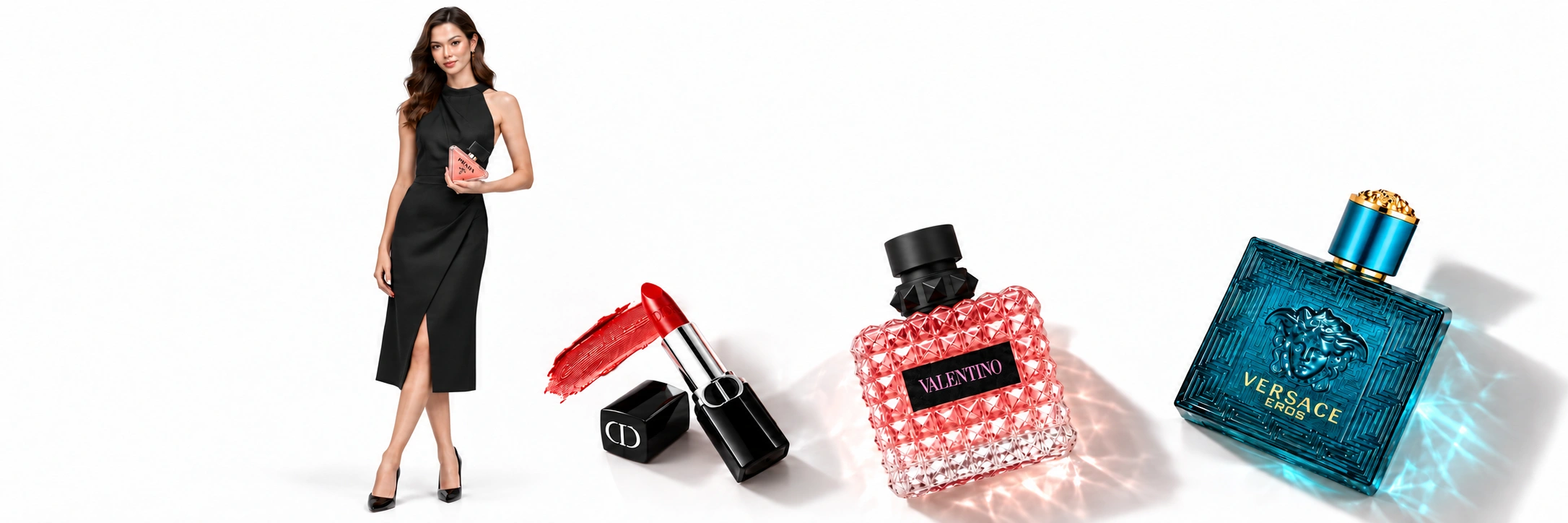 Model holding a small Prada perfume beside Valentino Born in Roma, Versace Eros and red Dior lipstick
